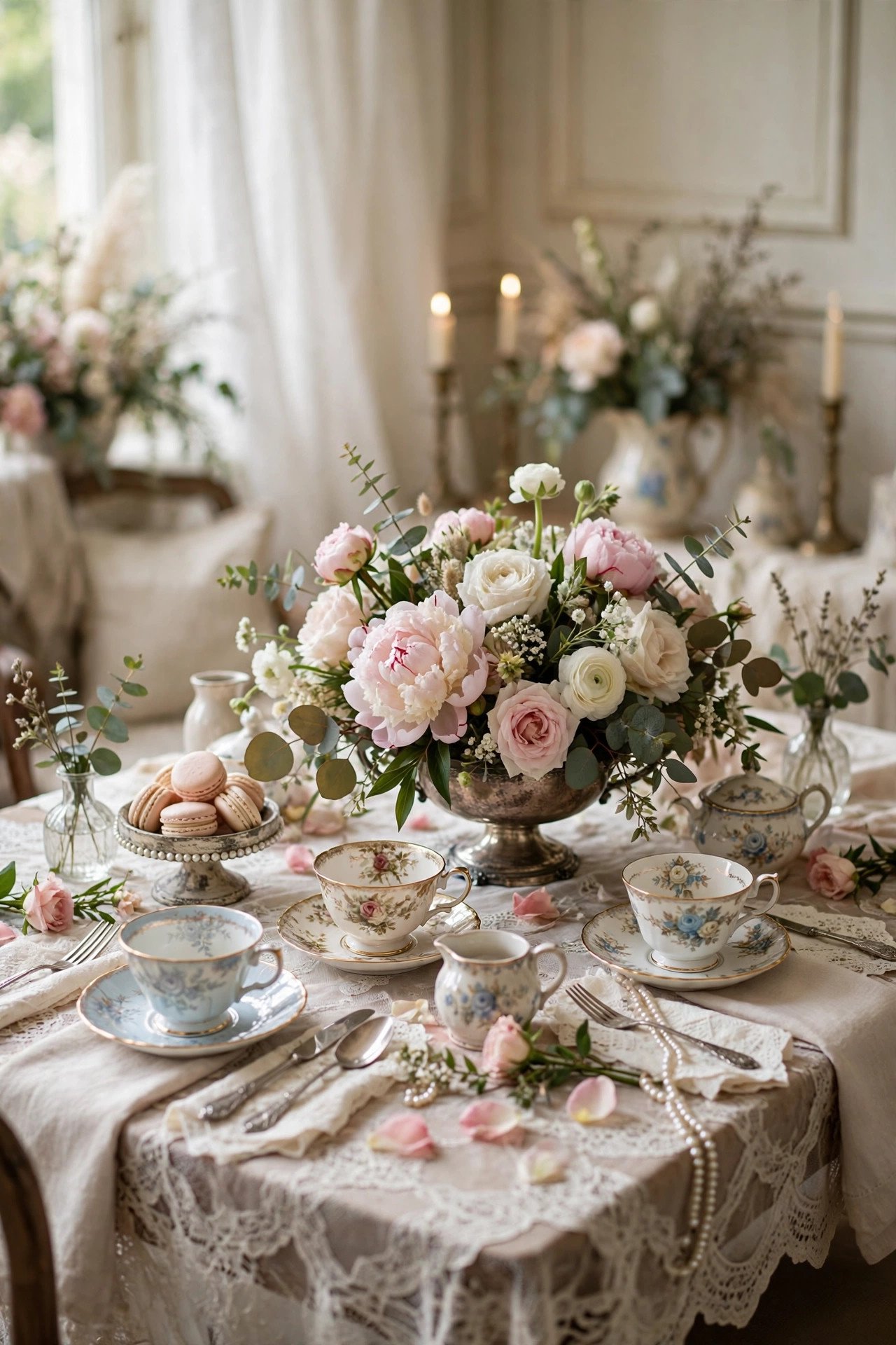 Vintage tea party bridal shower with antique china and lace tablecloths
