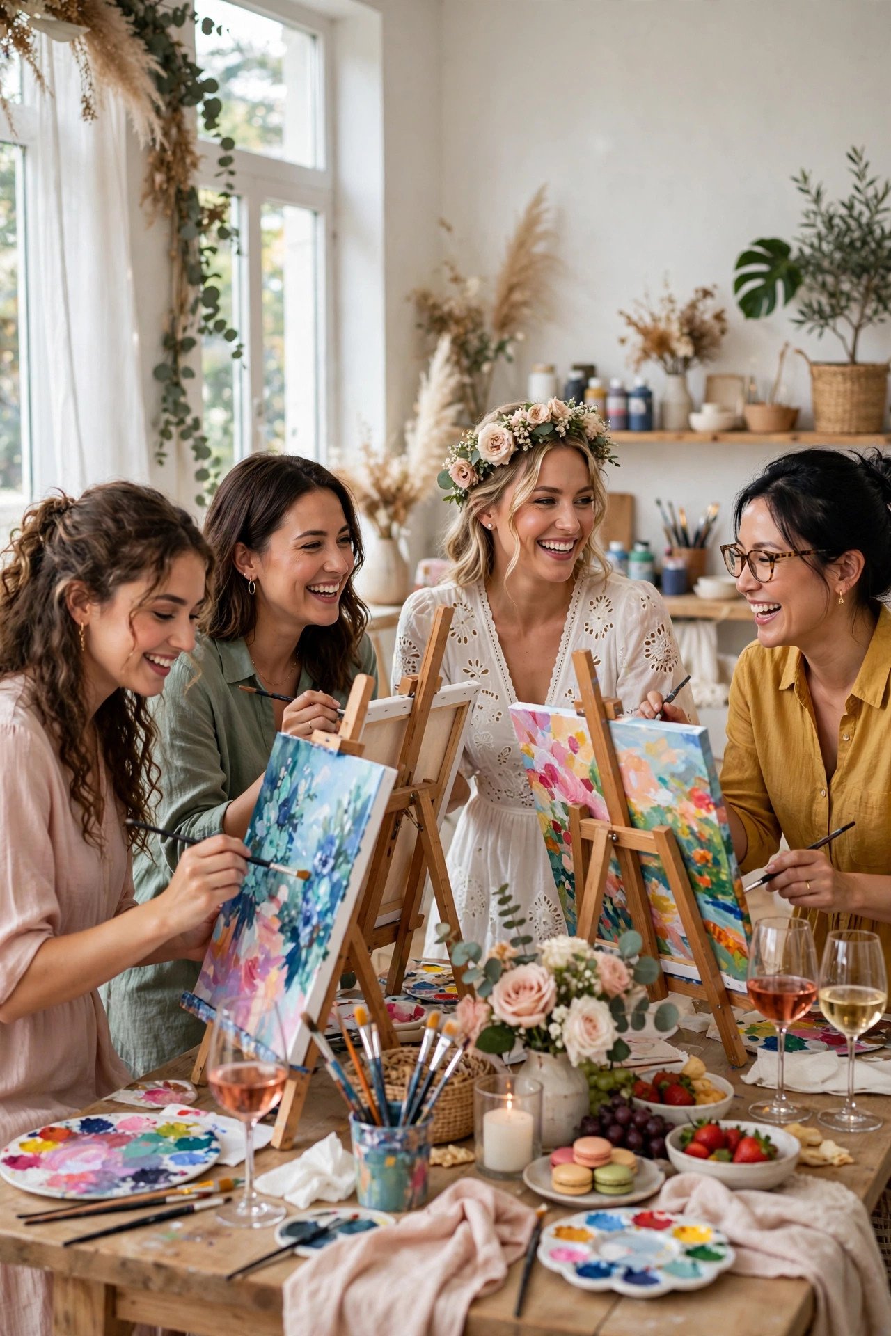Paint and sip bridal shower with guests painting canvases at easels