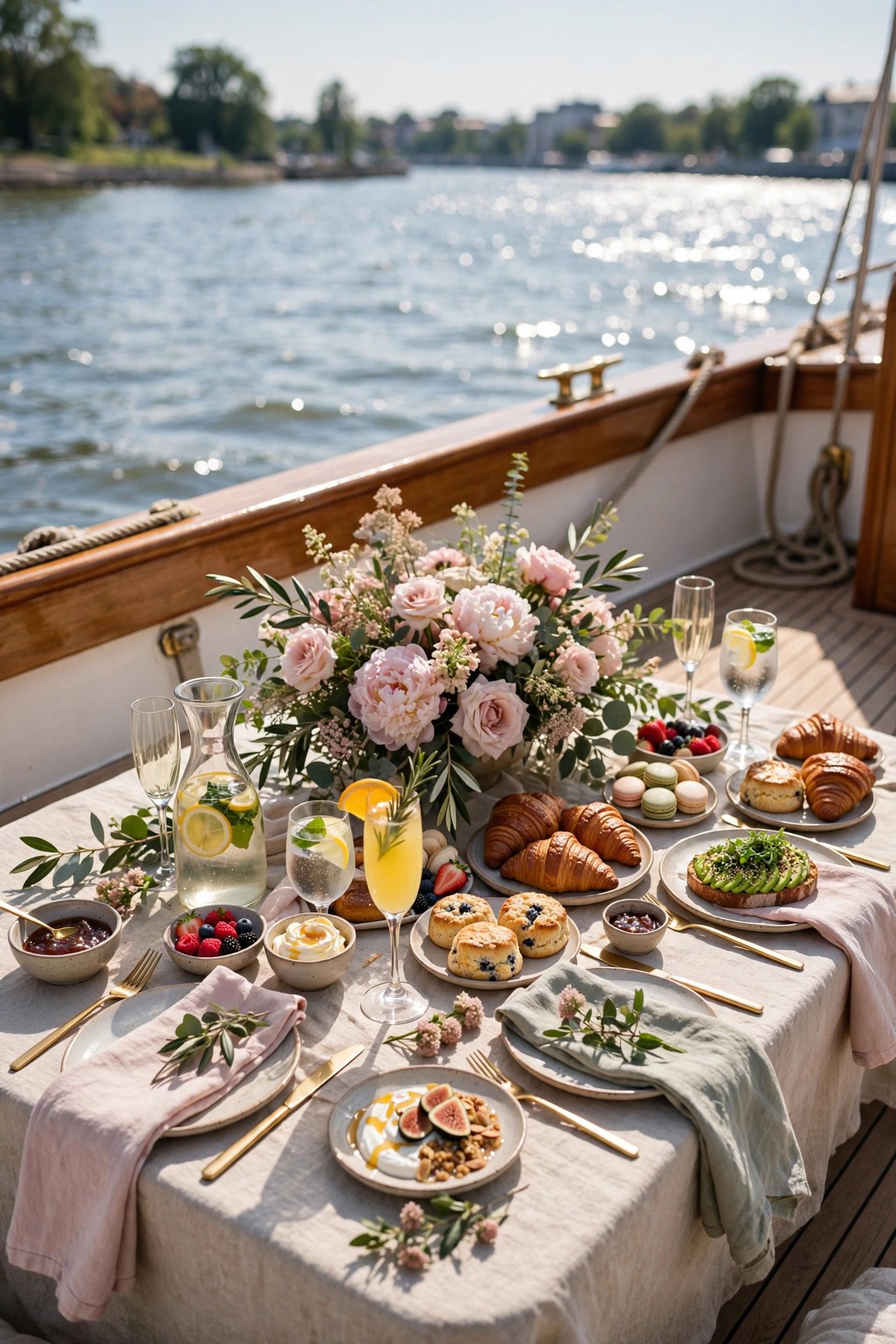 Brunch cruise bridal shower on a boat deck with elegant brunch table