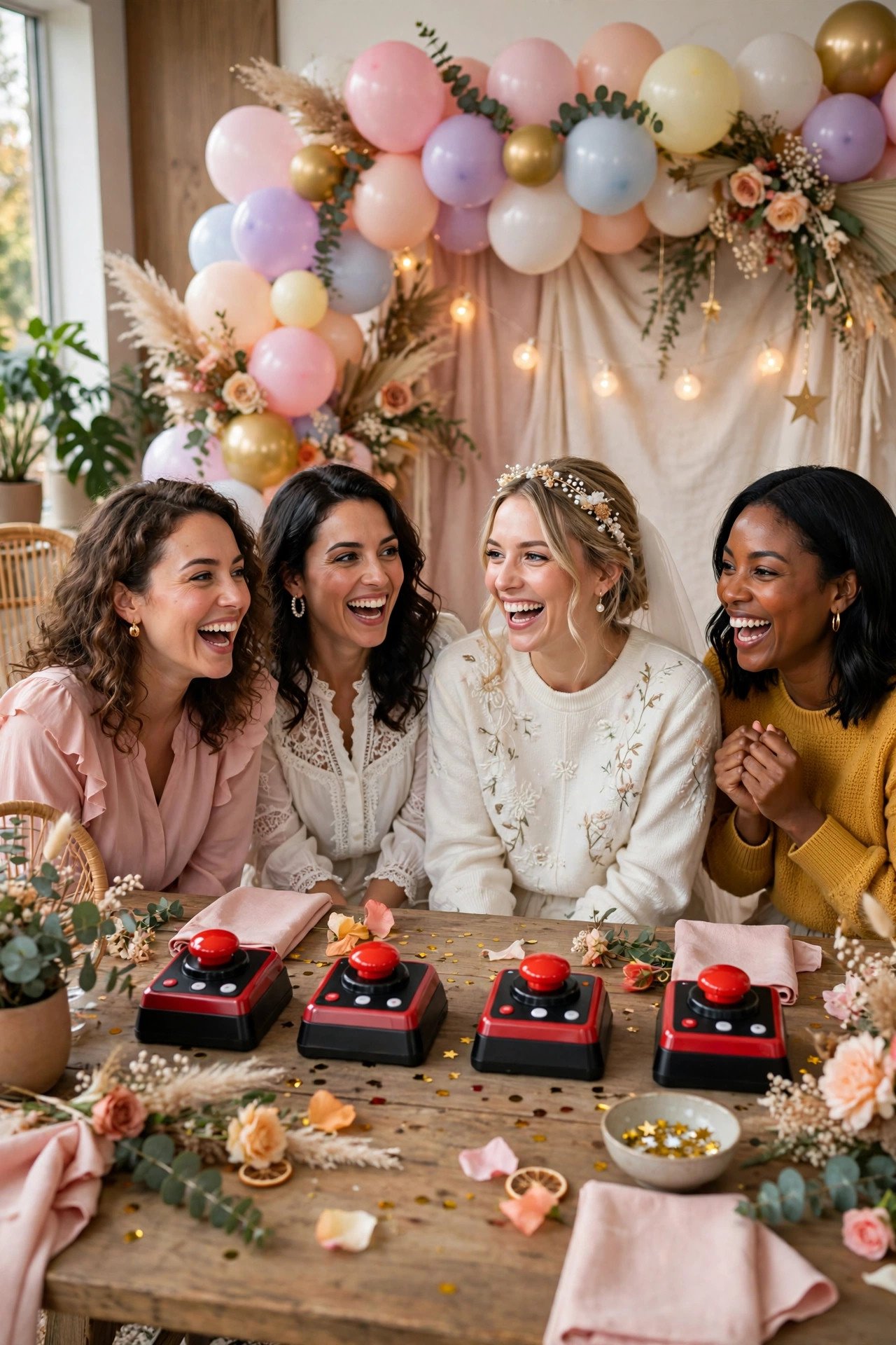 Bridal shower game show party setup with buzzers and colorful backdrop