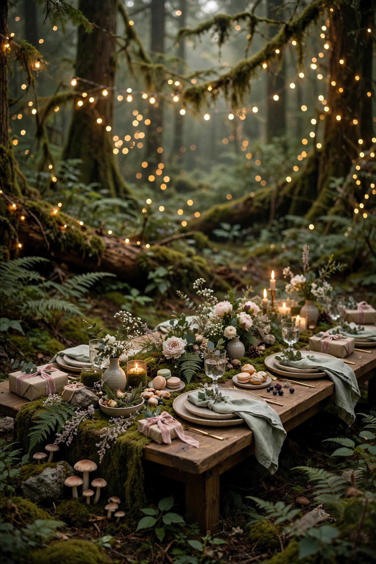 Enchanted forest bridal shower with mossy table and fairy lights in woodland