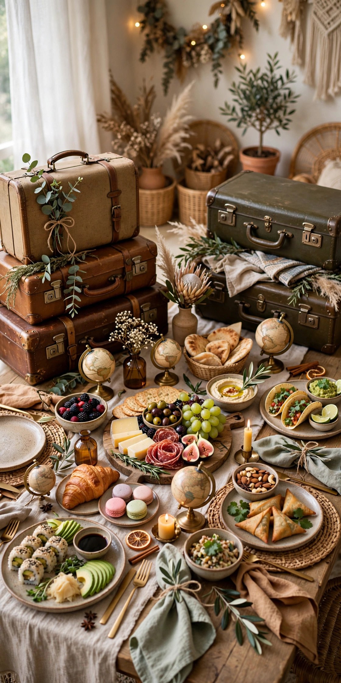 Around the world themed bridal shower with international foods and travel decor
