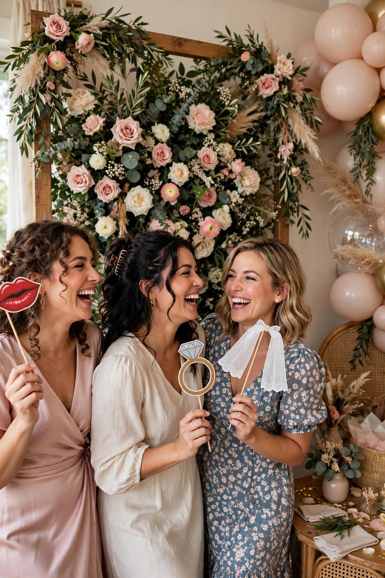 Bridal shower photo booth with floral backdrop and fun props