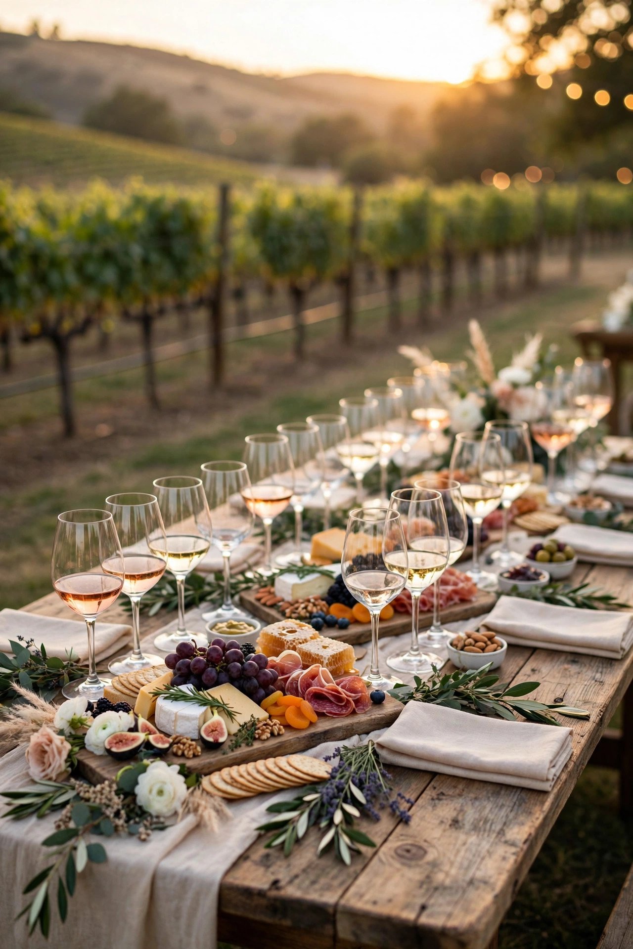Elegant wine tasting bridal shower with wine glasses and charcuterie at a vineyard