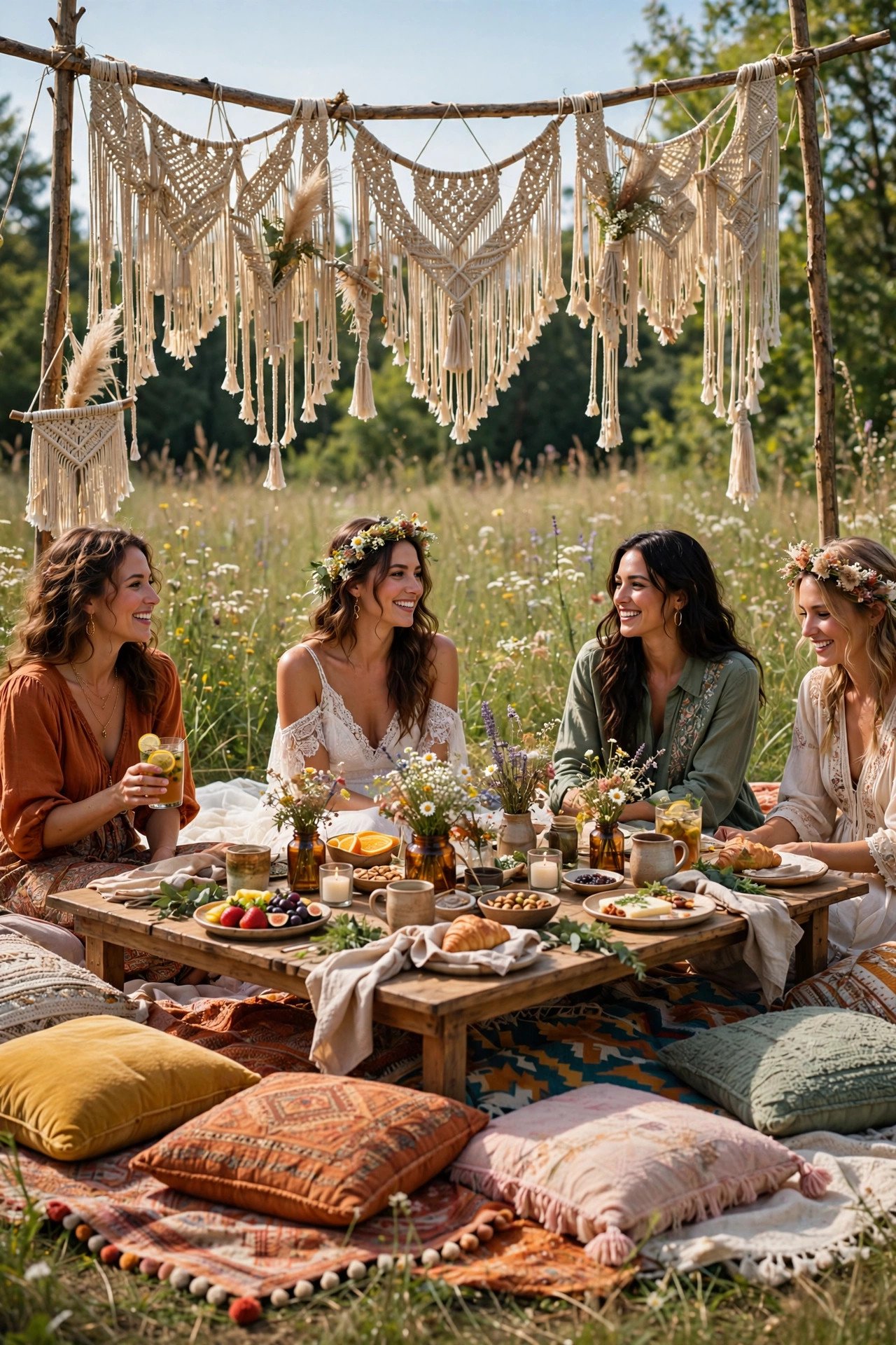 Bohemian picnic bridal shower with low tables, blankets and macrame in a meadow