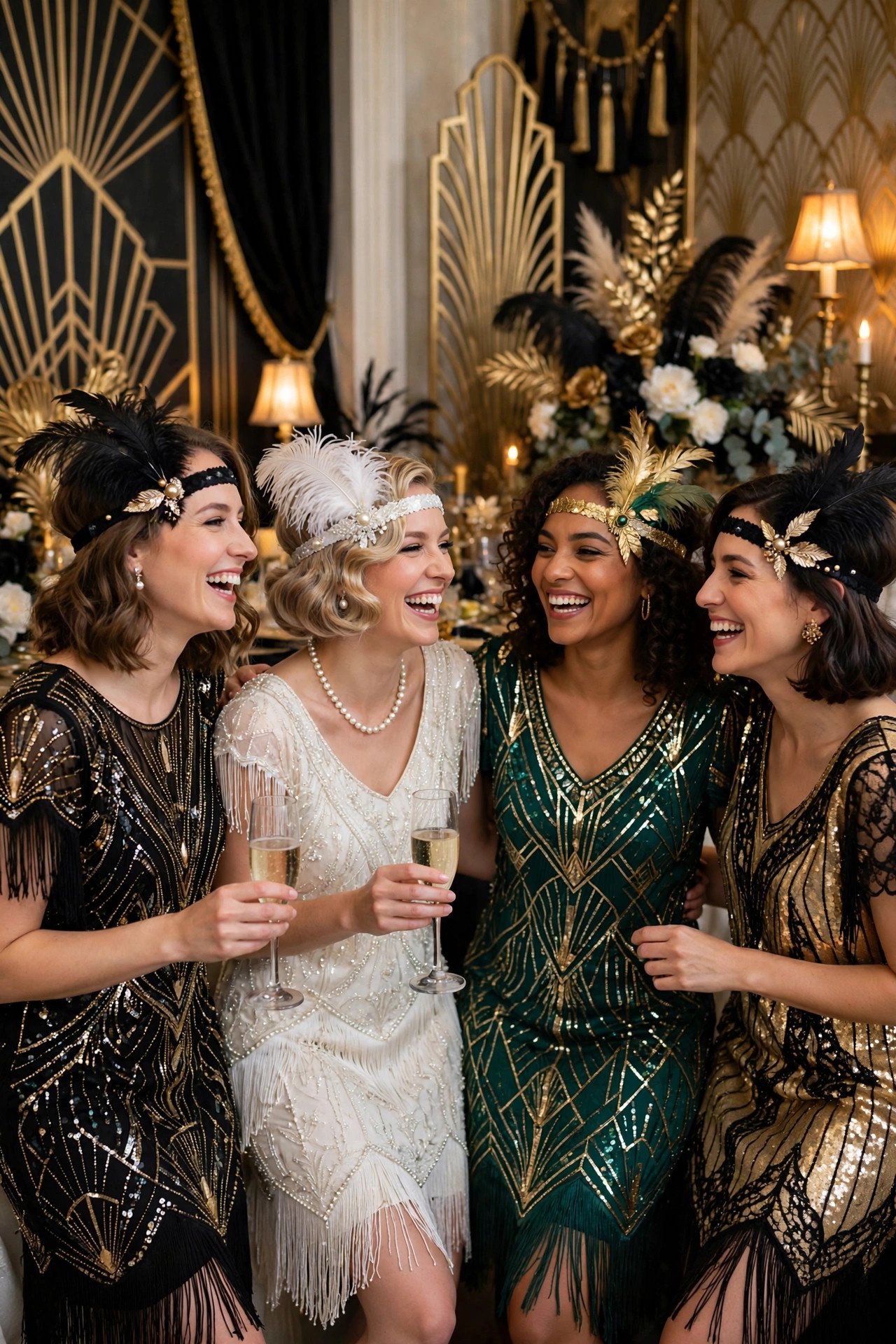 Great Gatsby themed costume bridal shower with 1920s flapper dresses and art deco decor