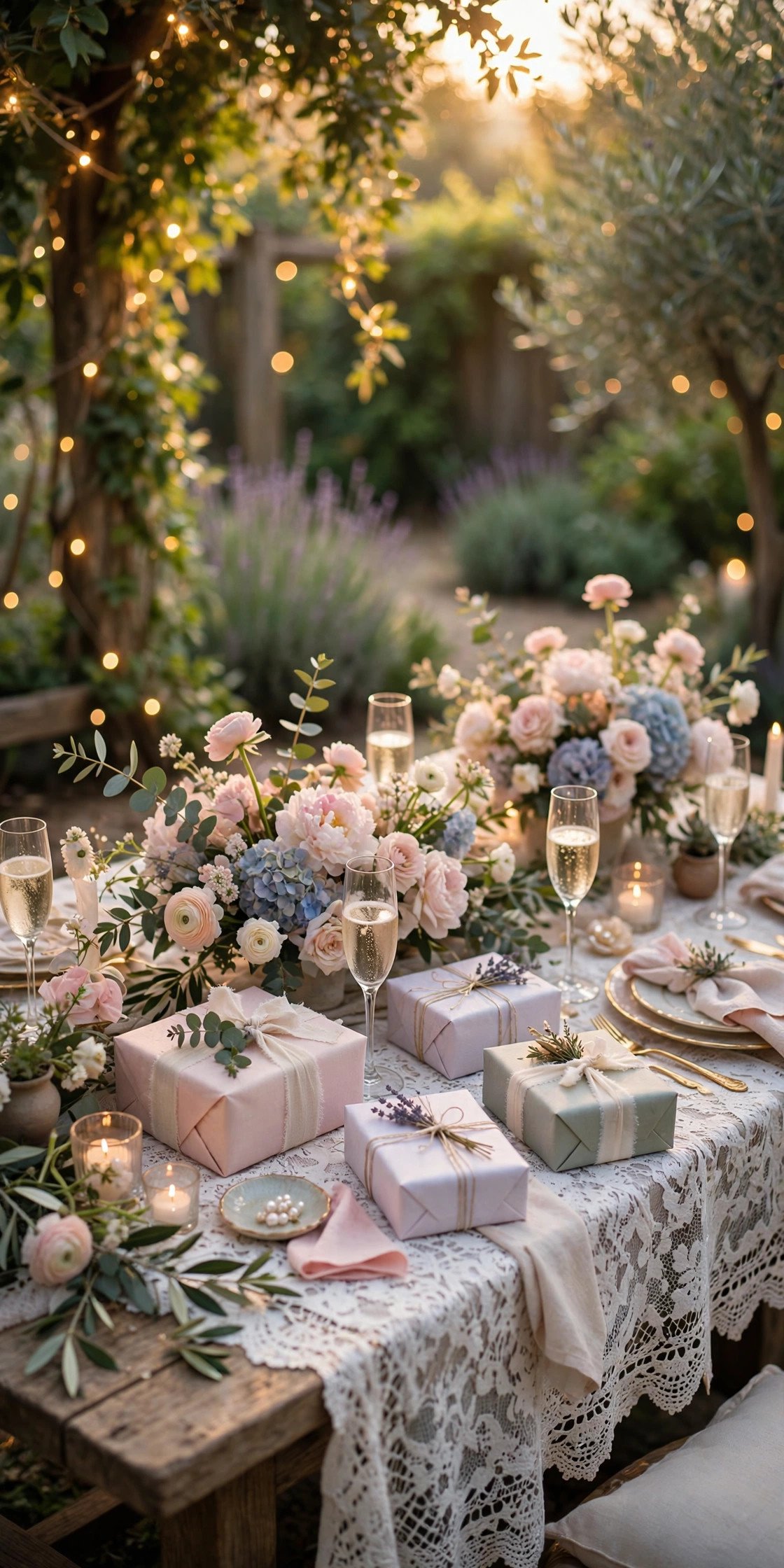 Elegant bridal shower garden party table with pastel flowers, lace and fairy lights