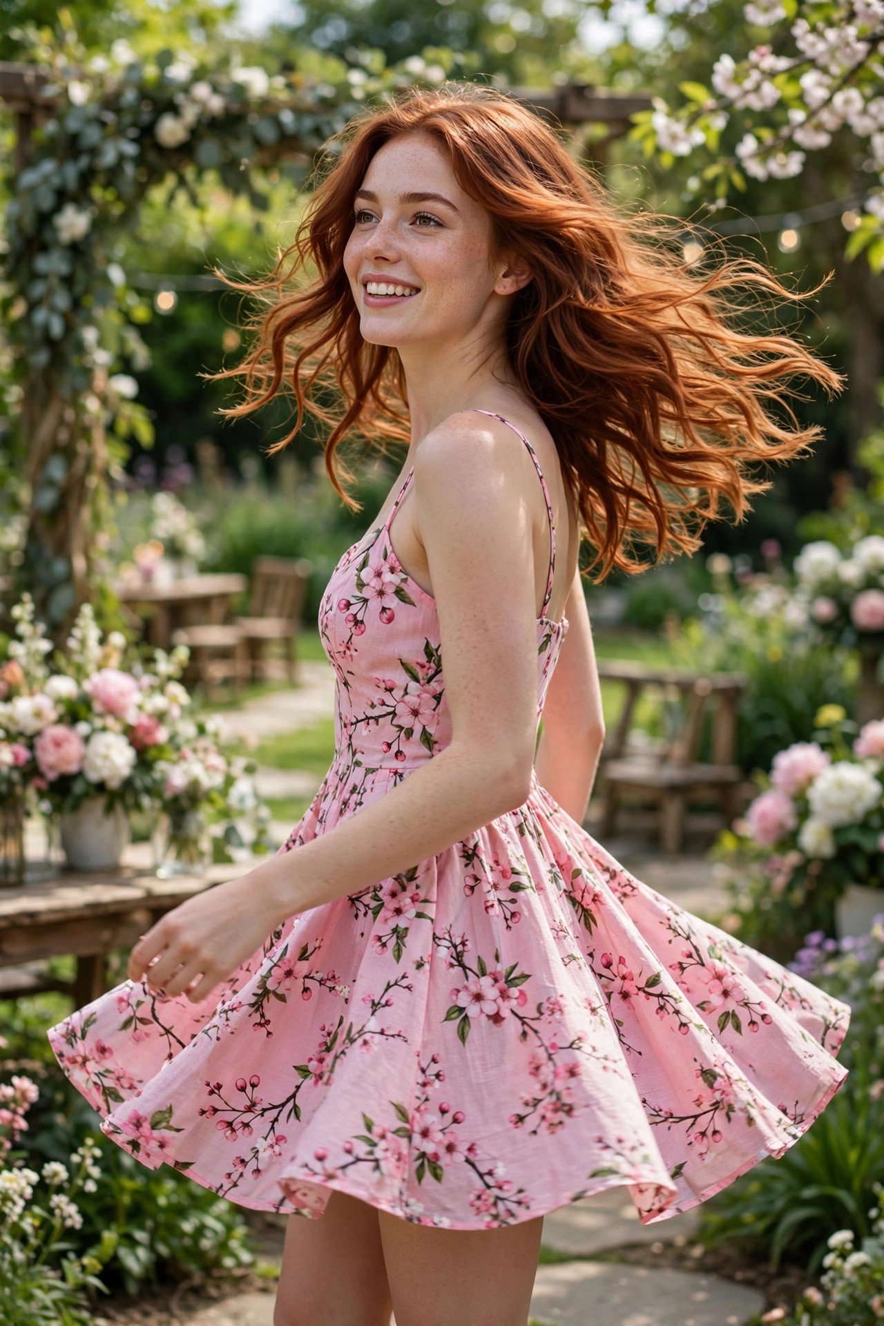 Short pink cherry-blossom print sundress with spaghetti straps at a garden wedding