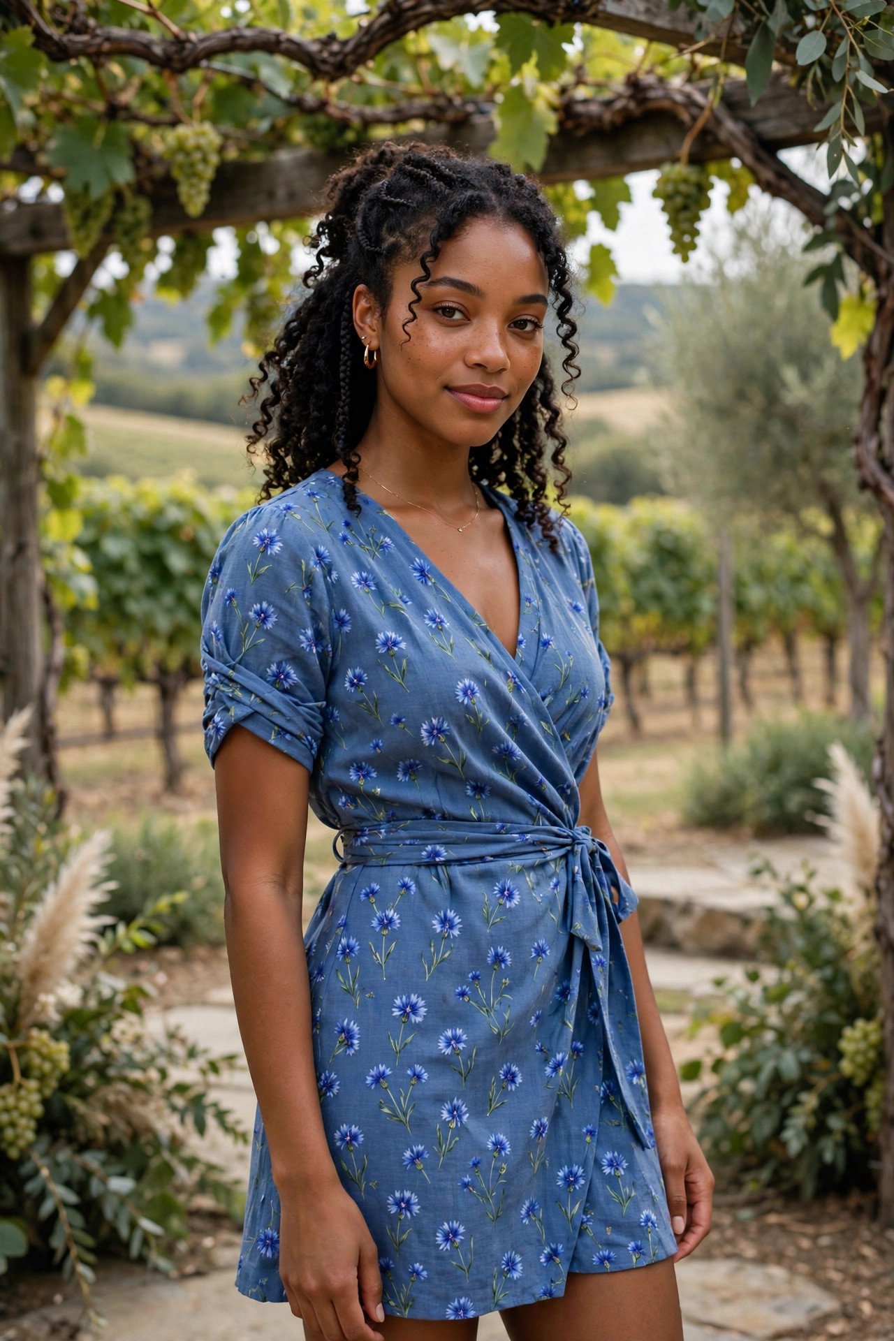 Blue cornflower print short wrap dress at a vineyard wedding