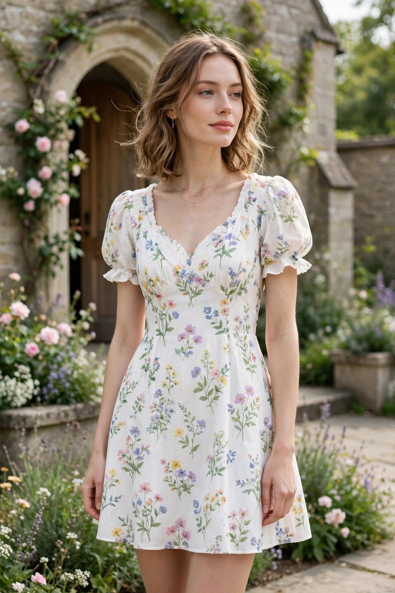 White short A-line dress with pastel wildflower print at a chapel garden wedding