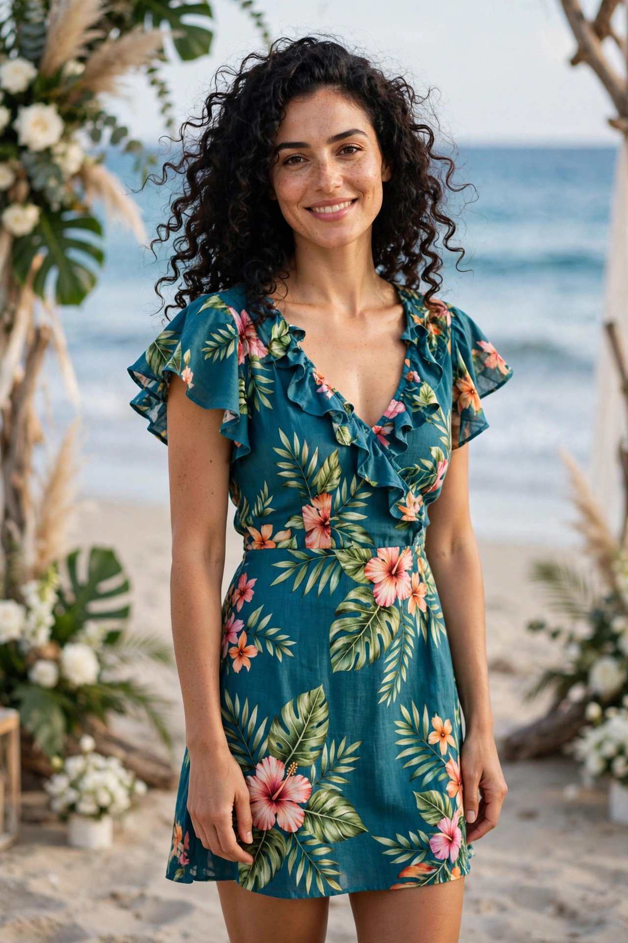 Teal tropical floral short dress with flutter sleeves at a beach wedding