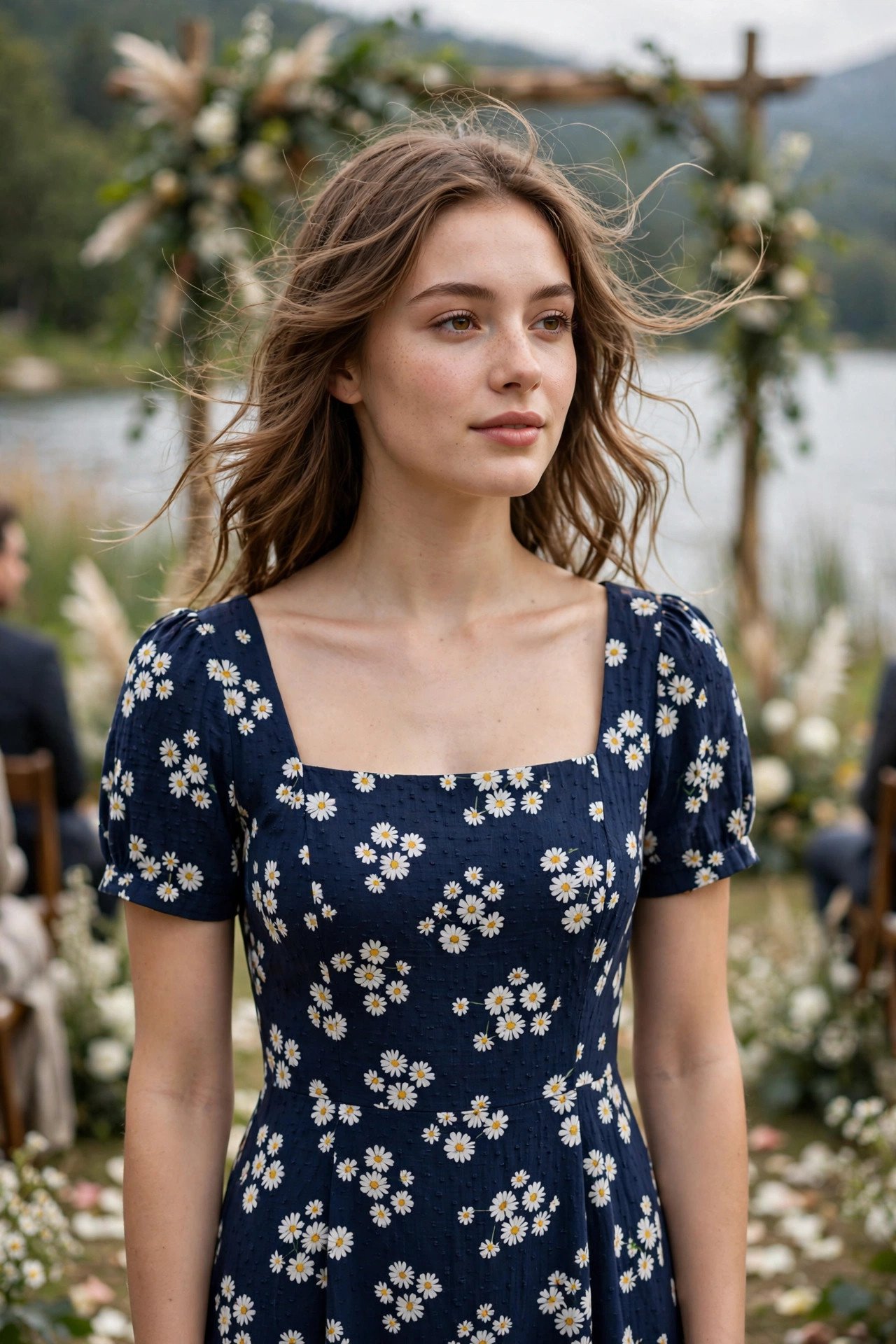Navy midi dress with white daisy print and square neckline at a lakeside wedding
