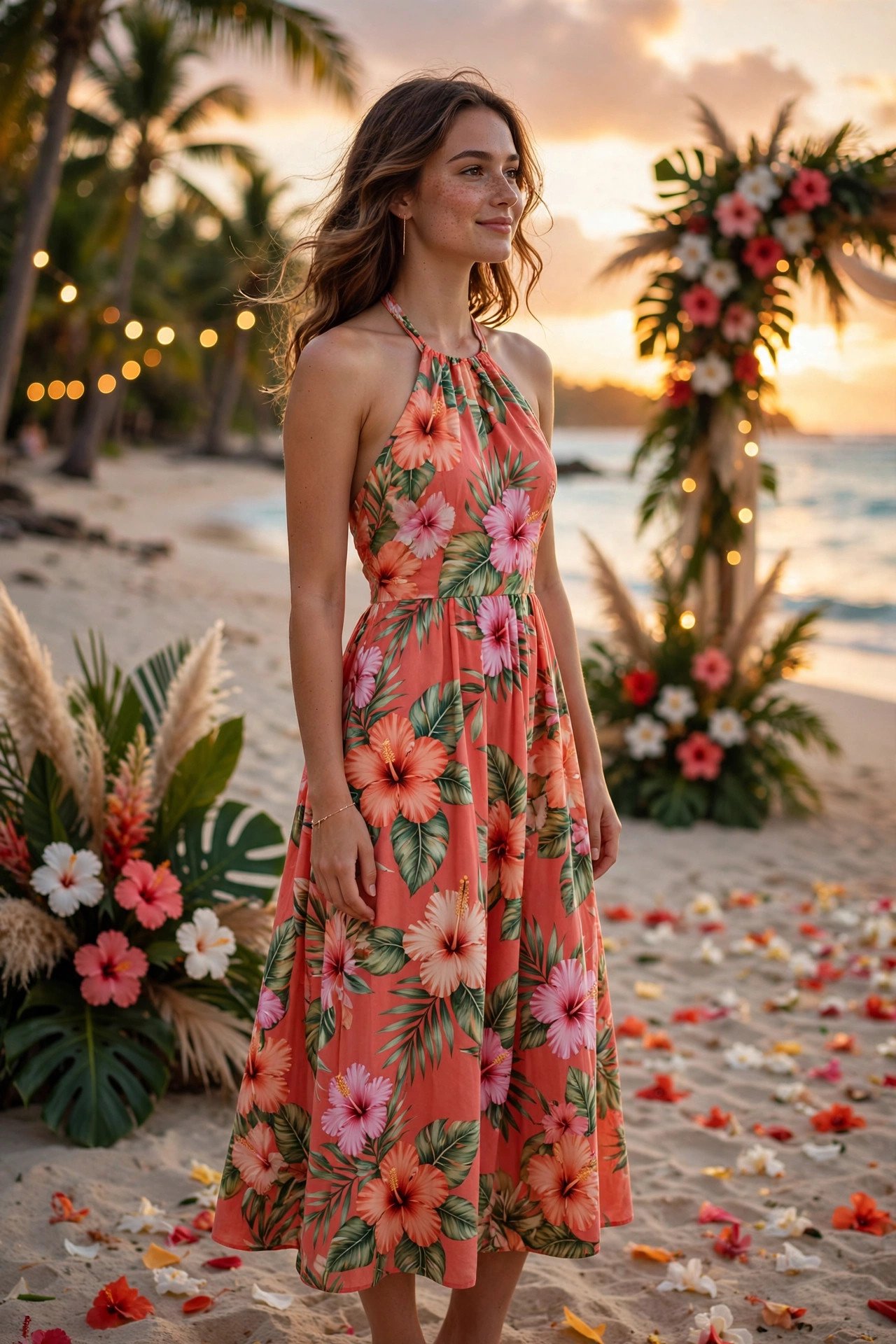Coral hibiscus print midi halter dress at a beach wedding