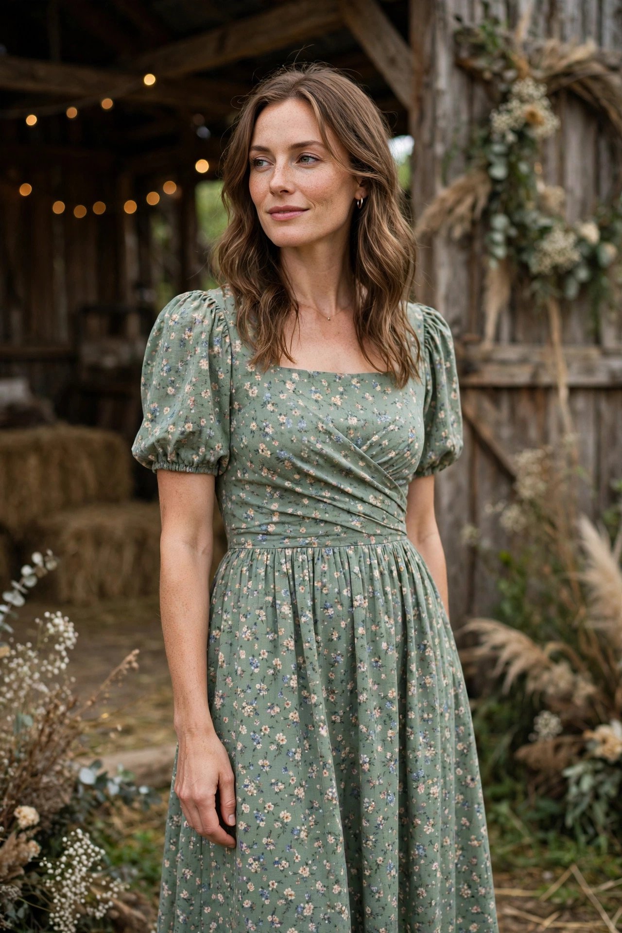 Sage green midi dress with tiny ditsy floral print at a barn wedding