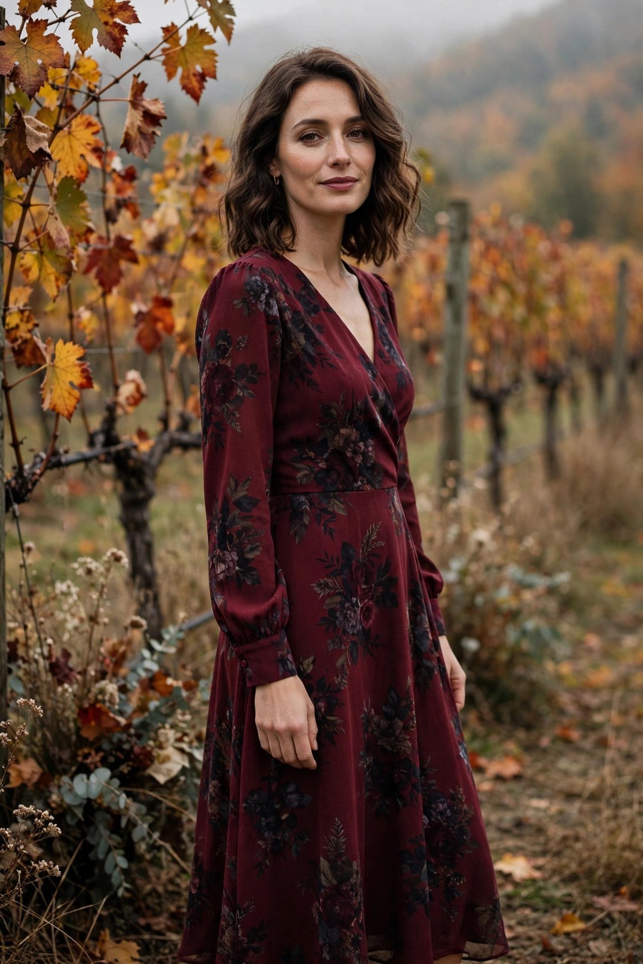 Burgundy midi dress with dark moody floral print at an autumn vineyard wedding