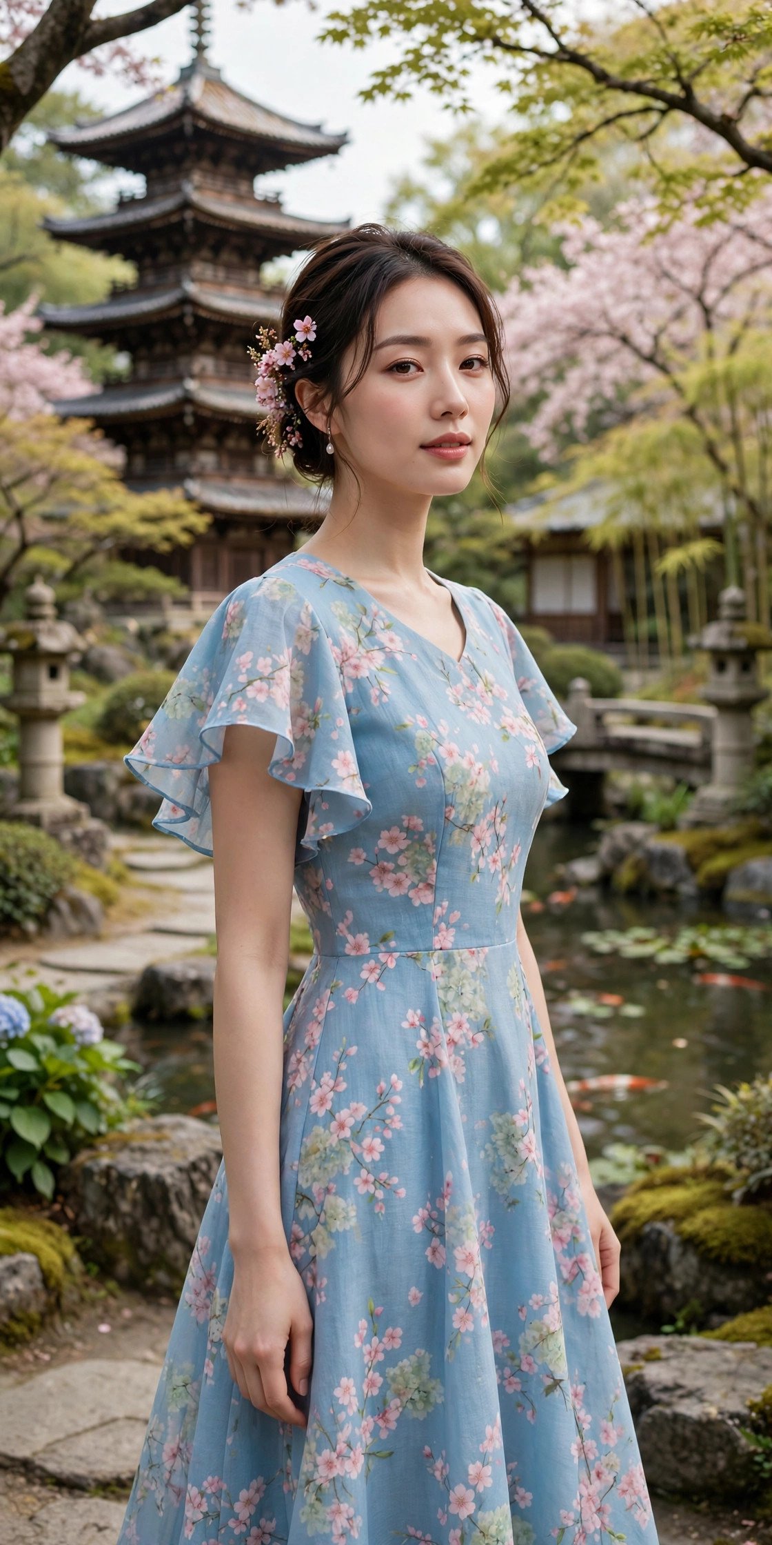 Sky-blue midi dress with cherry blossom print at a Japanese garden wedding