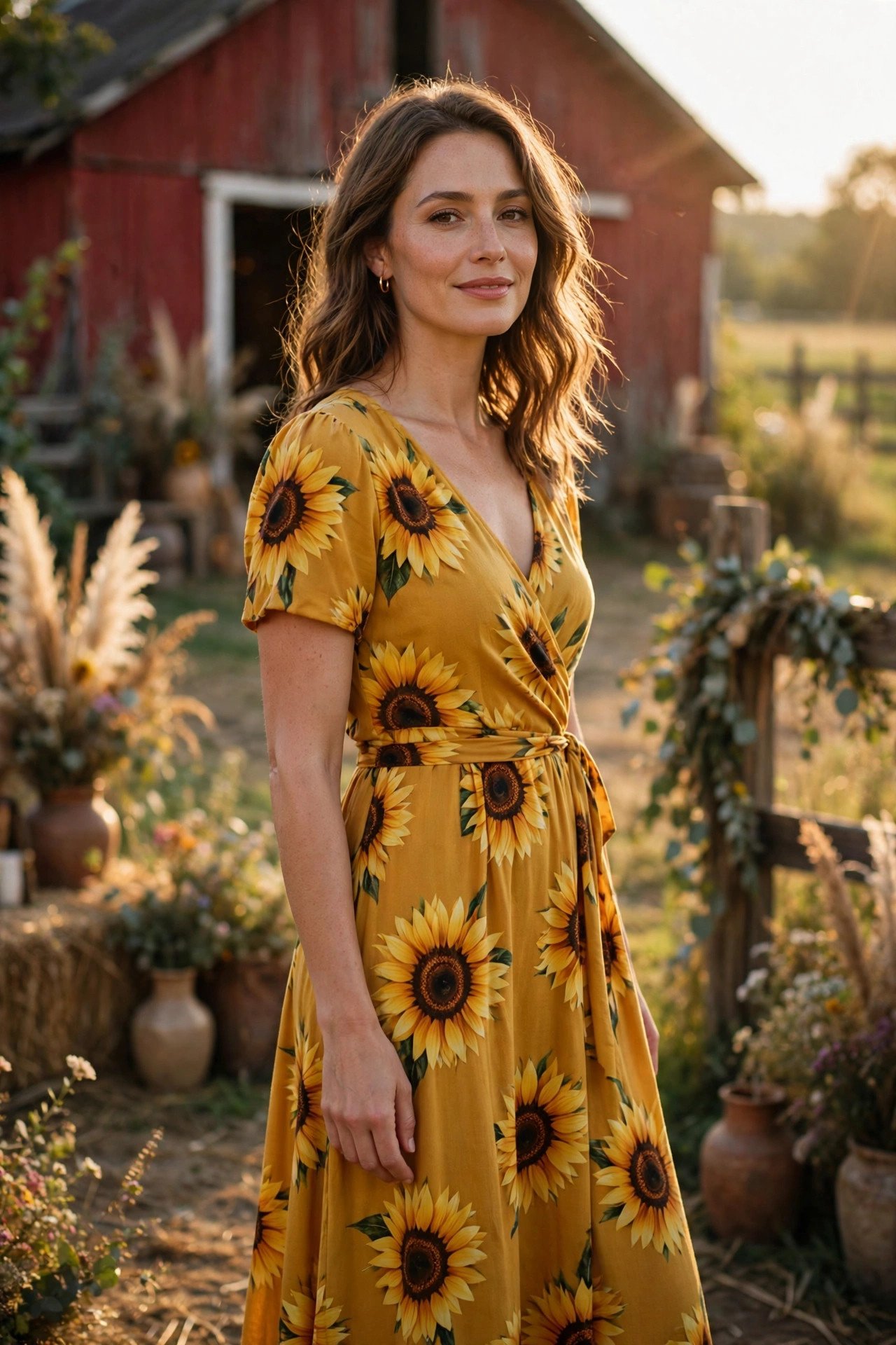Mustard yellow midi dress with sunflower print at a farm wedding
