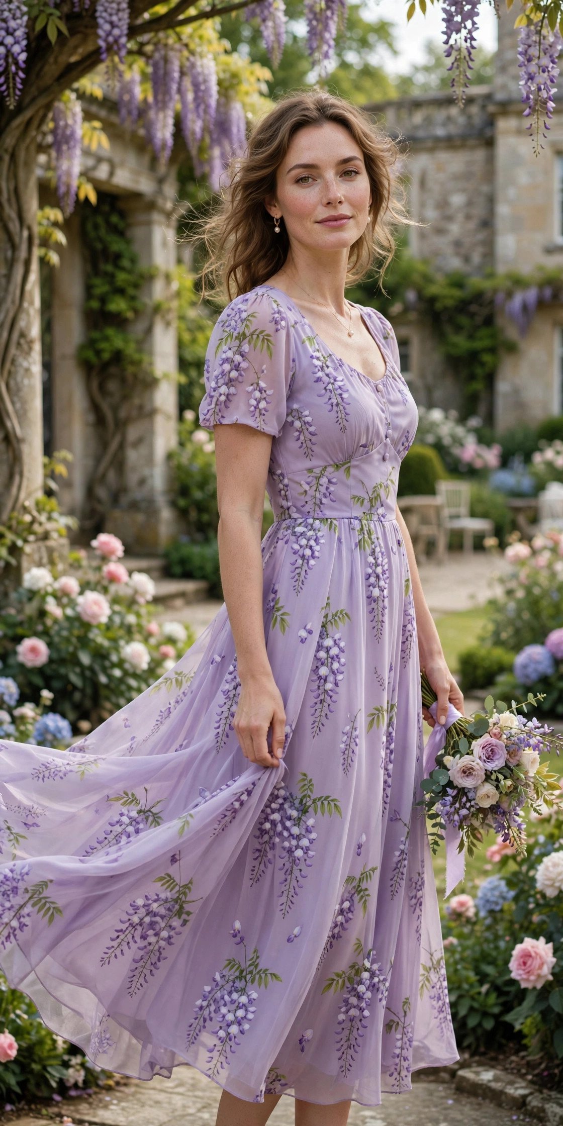 Lilac midi dress with wisteria blossom print at an estate garden wedding