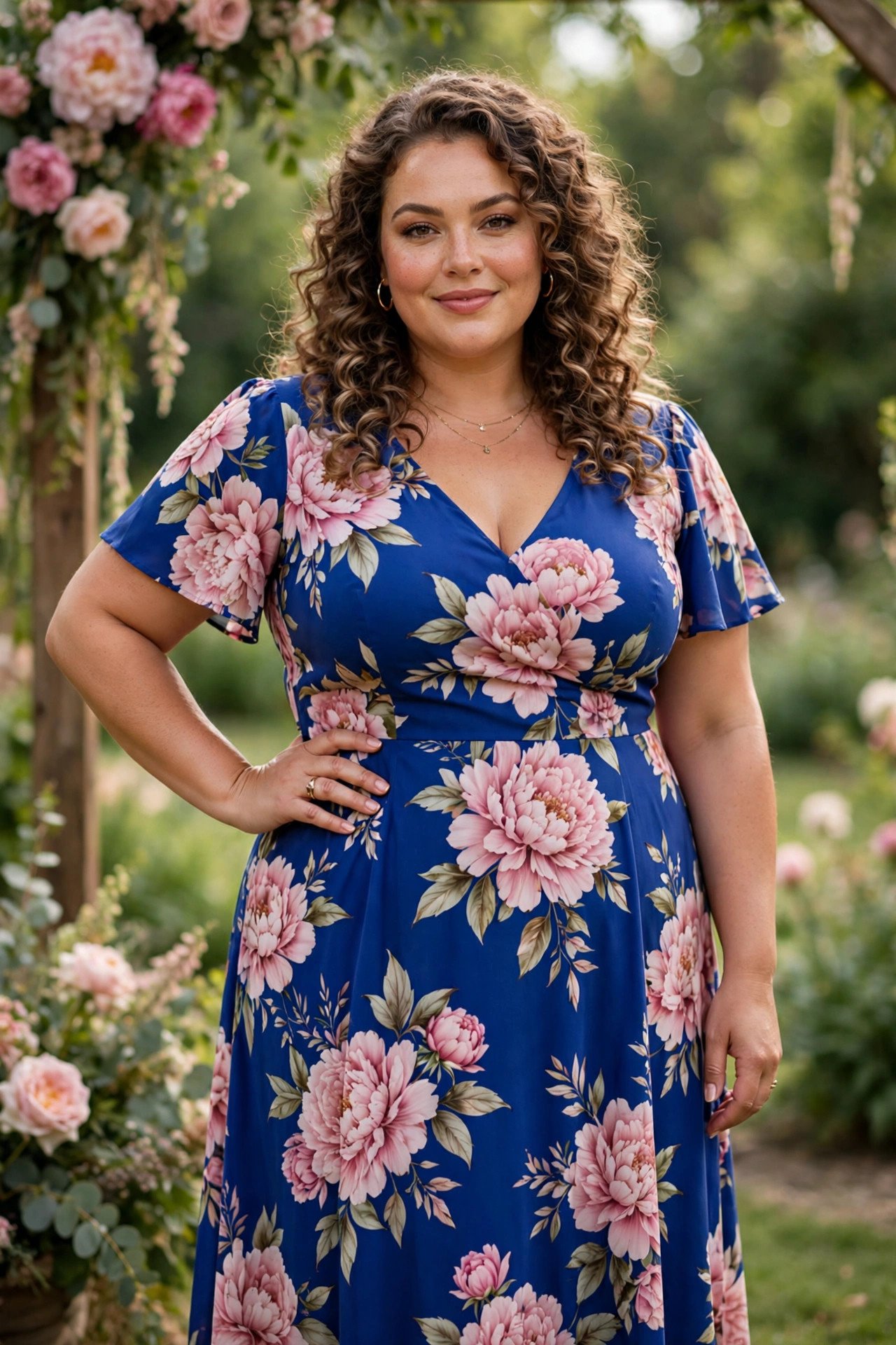 Plus-size royal blue midi dress with large pink peony print at a garden wedding