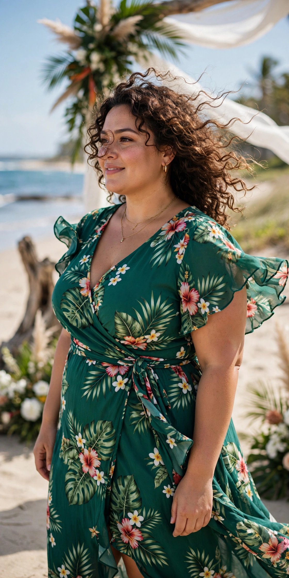Plus-size emerald tropical floral print wrap dress at a beach wedding