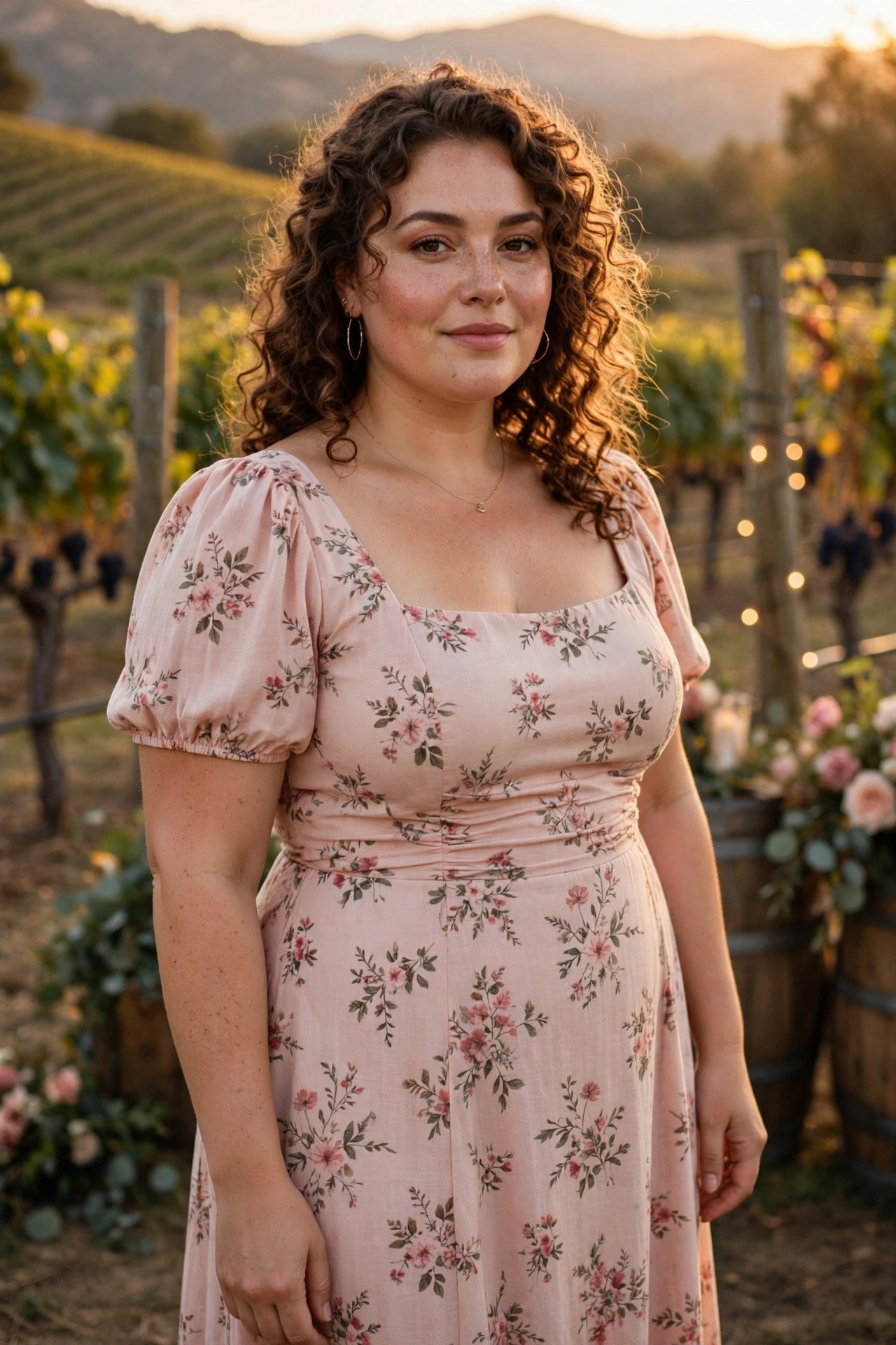 Plus-size blush pink midi dress with delicate floral print at a vineyard wedding