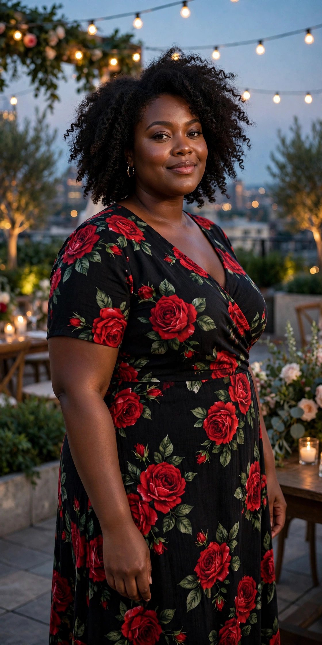 Plus-size black midi dress with bold red rose print at an evening rooftop wedding