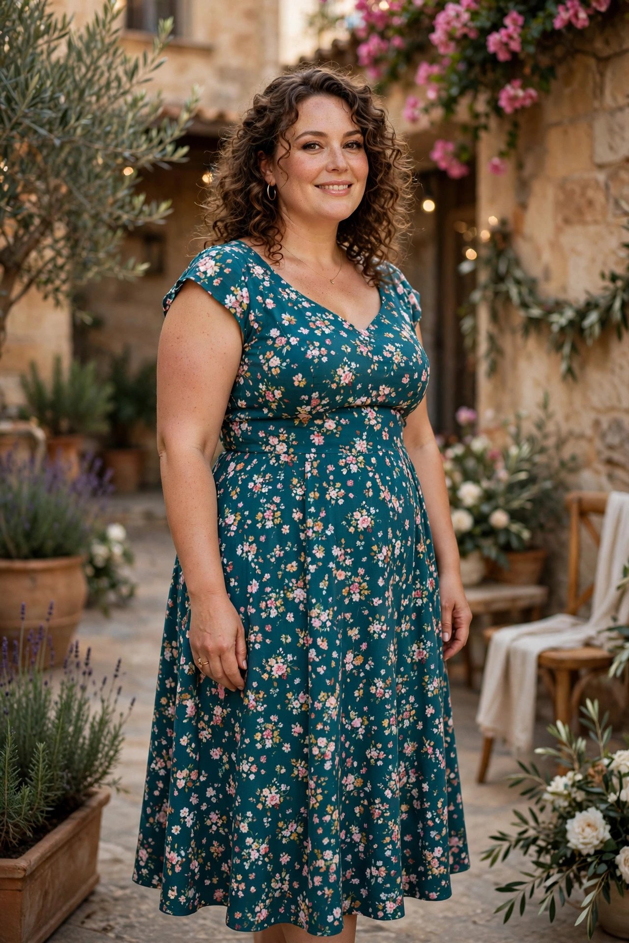 Plus-size teal fit-and-flare midi dress with ditsy floral print at a courtyard wedding