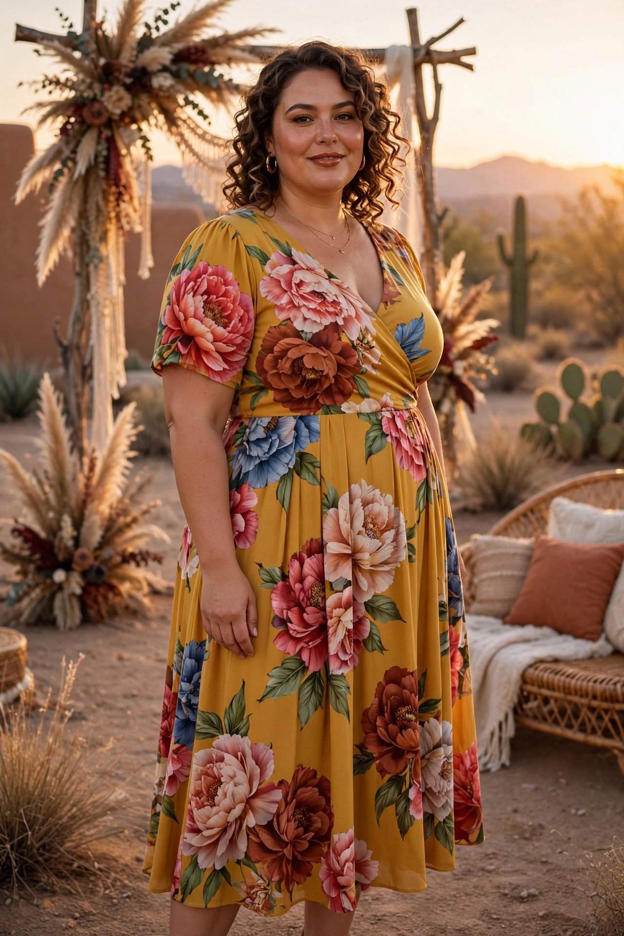 Plus-size mustard yellow midi dress with bold blooms at a desert wedding