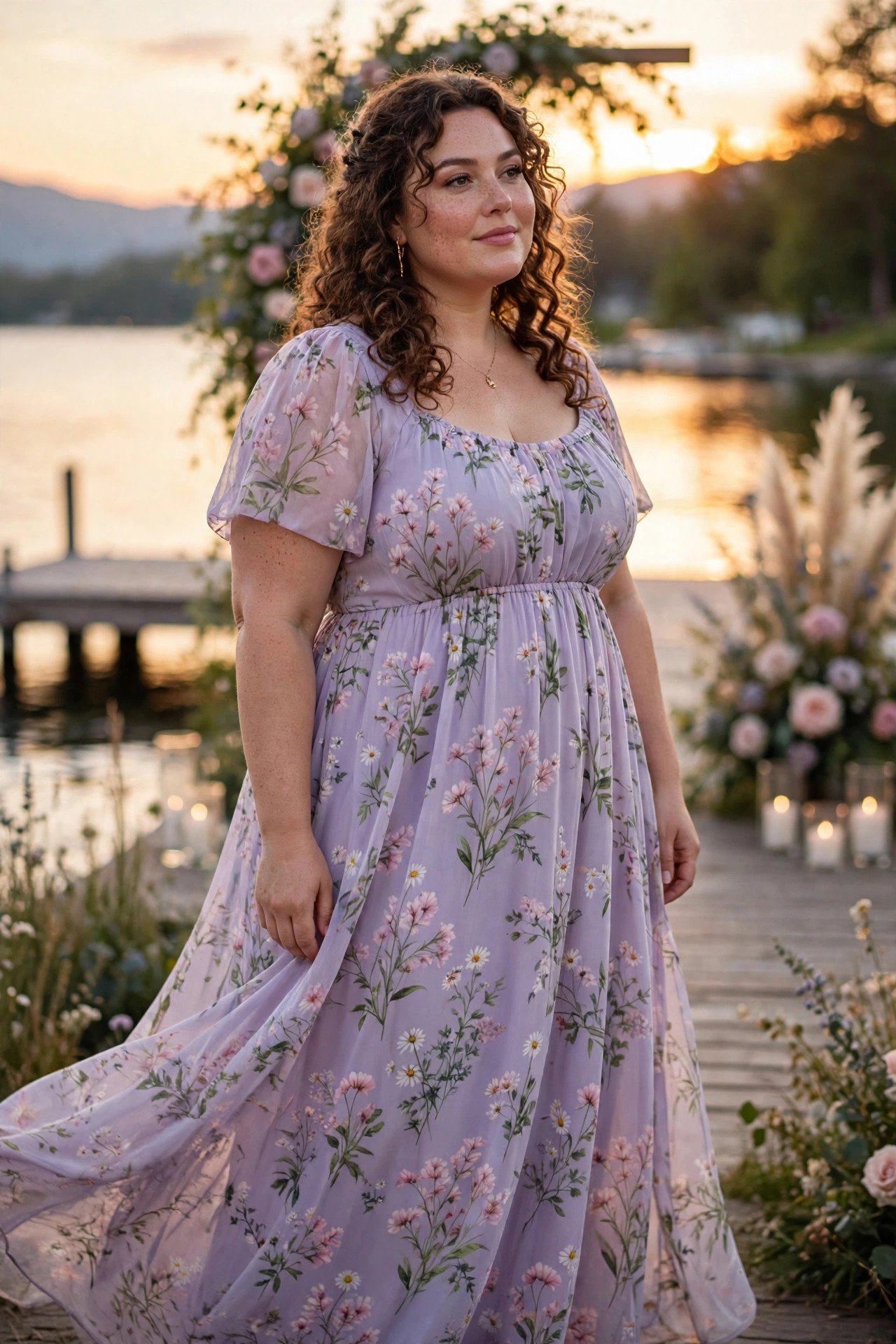 Plus-size lavender floral maxi dress with empire waist at a lakeside sunset wedding