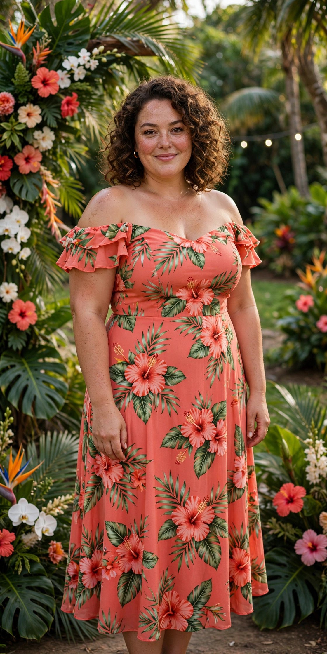 Plus-size coral hibiscus print midi dress with off-shoulder neckline at a tropical garden wedding