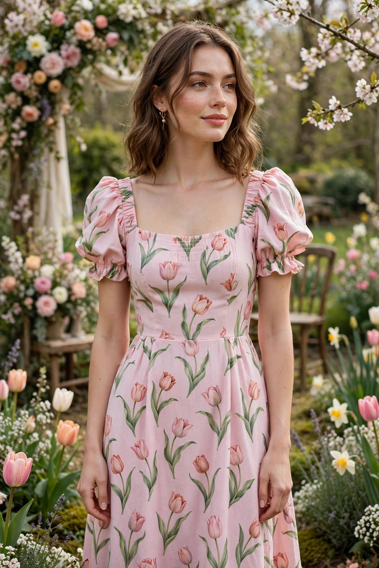 Pastel pink midi dress with tulip print at a spring garden wedding
