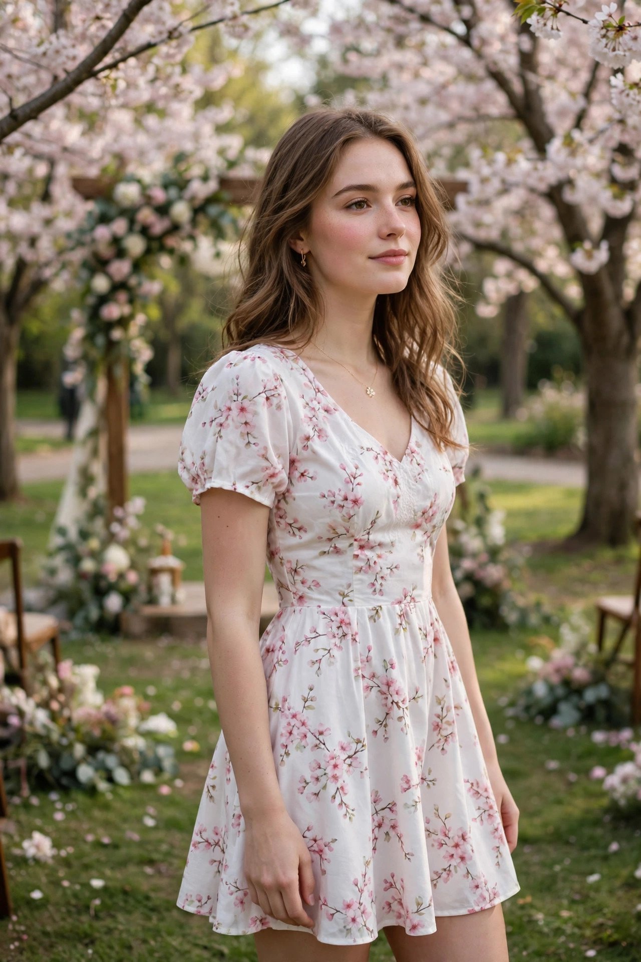 Short white dress with pink cherry blossom print at a park wedding