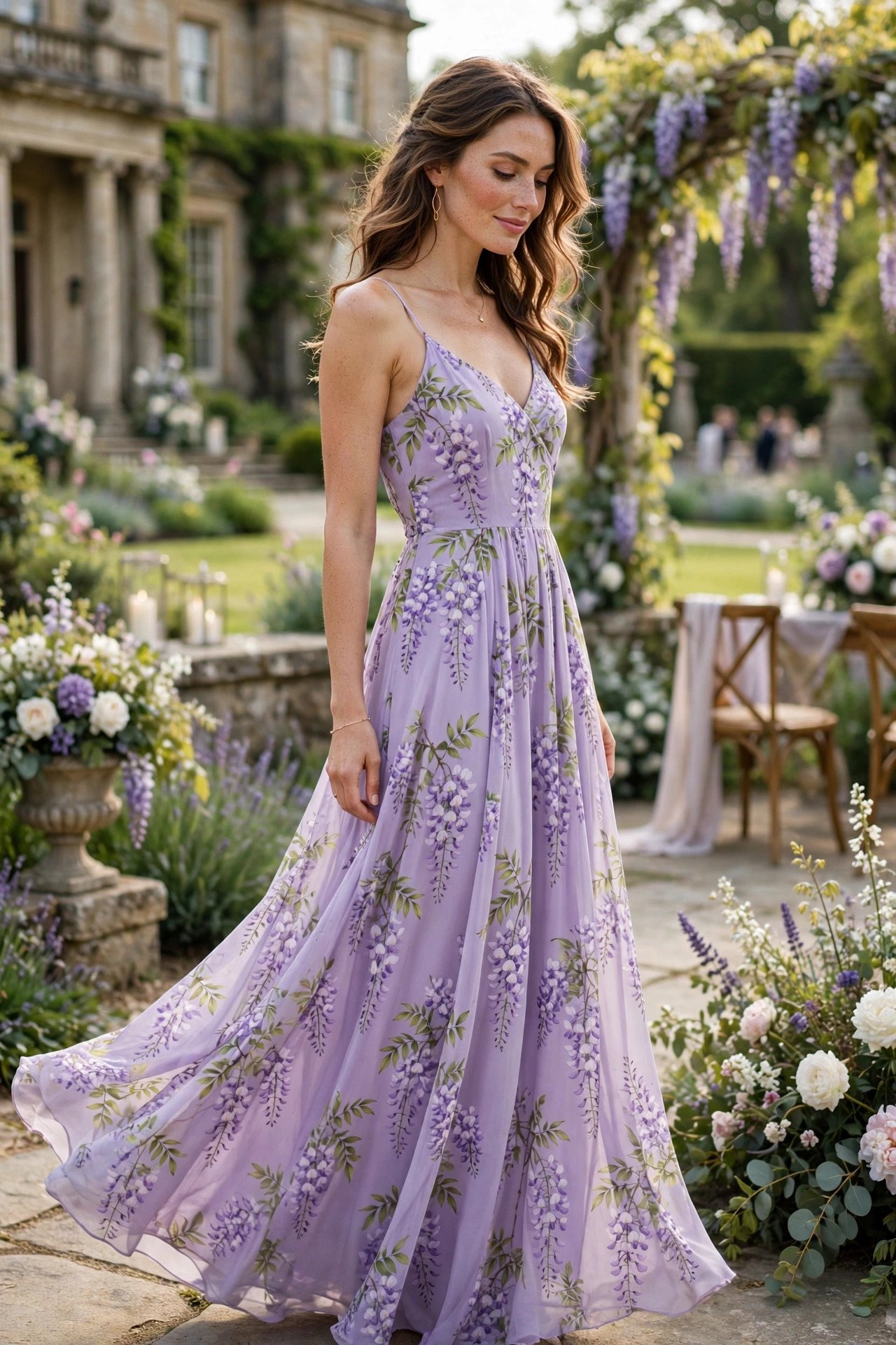 Lilac maxi dress with wisteria blossom print at an estate wedding