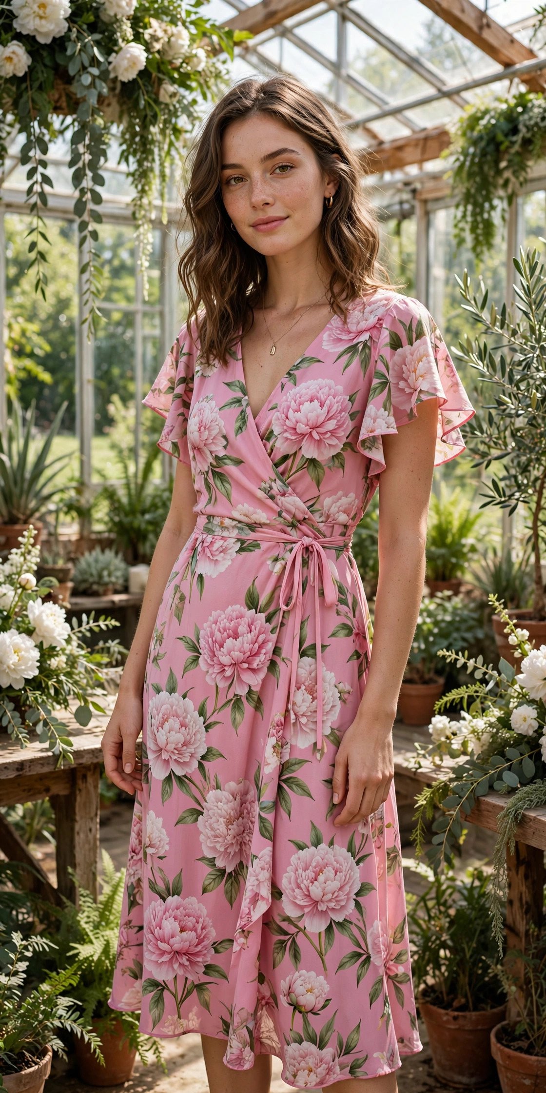 Pink peony print wrap midi dress with flutter sleeves at a greenhouse wedding