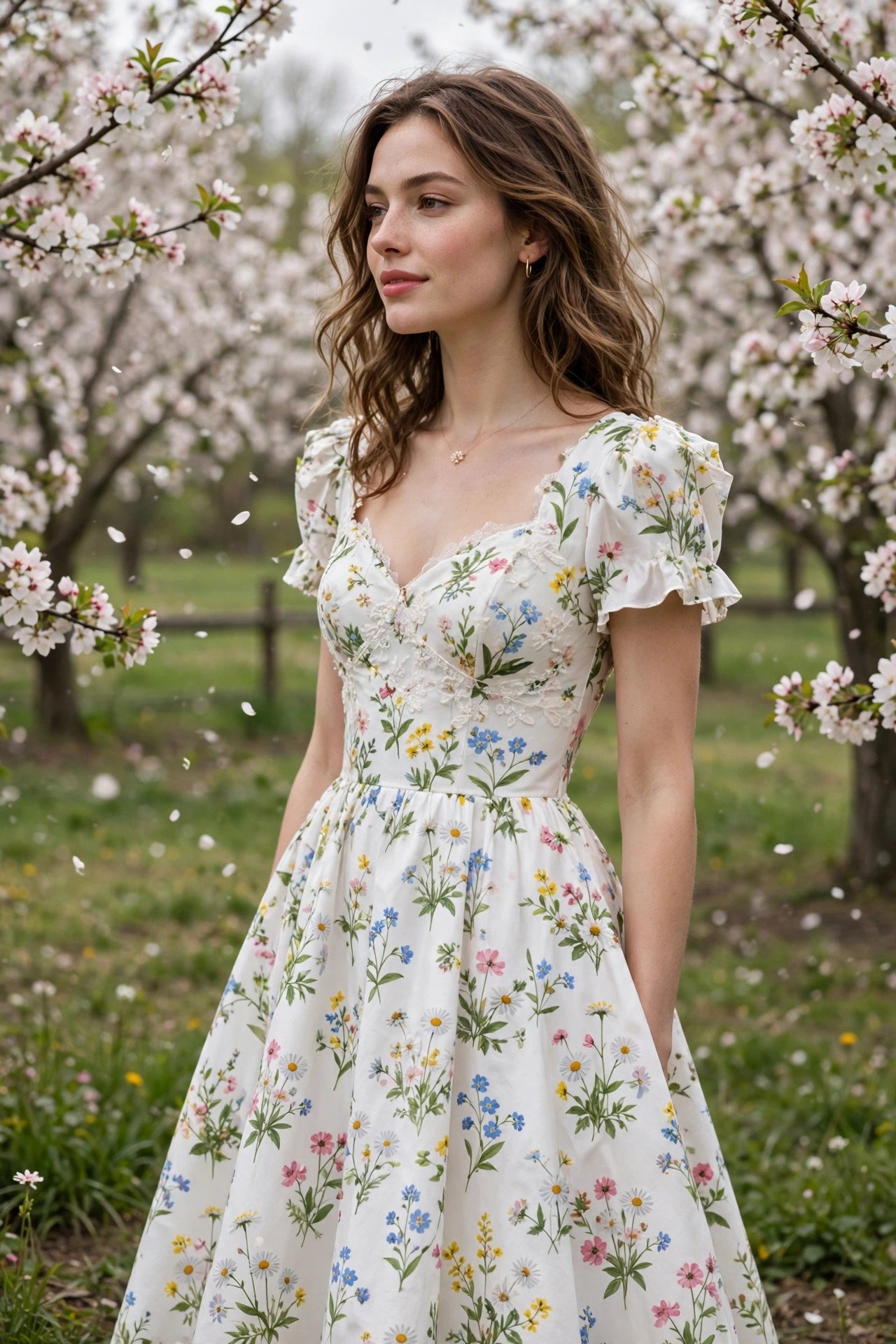 White dress with spring wildflower print and A-line skirt at an orchard wedding
