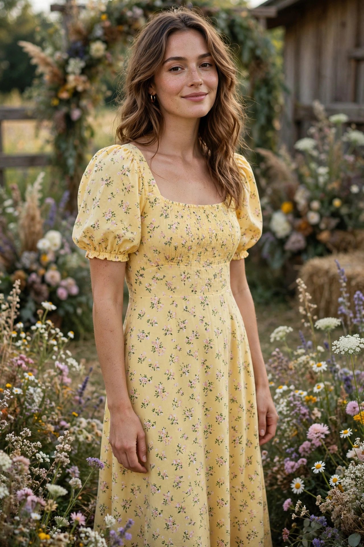 Butter-yellow midi dress with ditsy floral print at a farm wedding