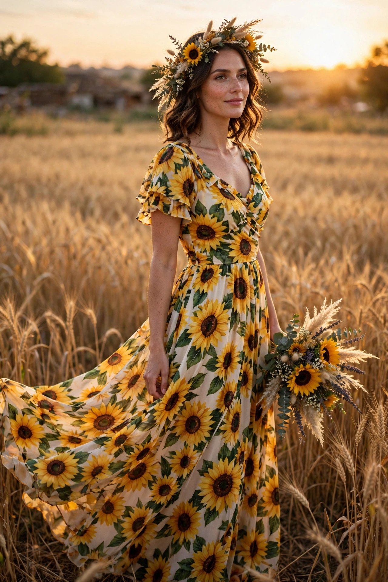 Vibrant sunflower print maxi dress at a golden field wedding