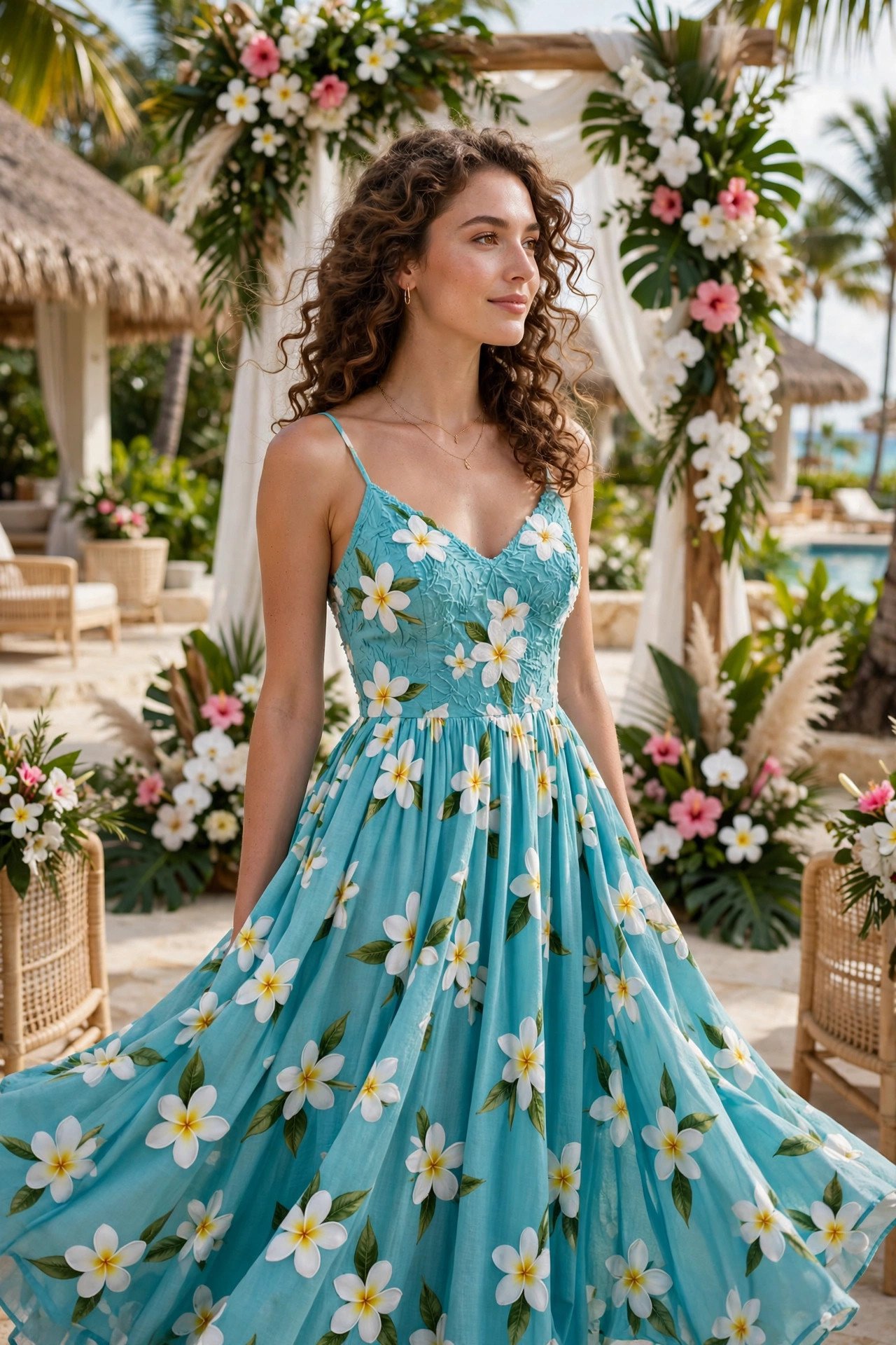 Turquoise dress with white plumeria flower print at a tropical resort wedding