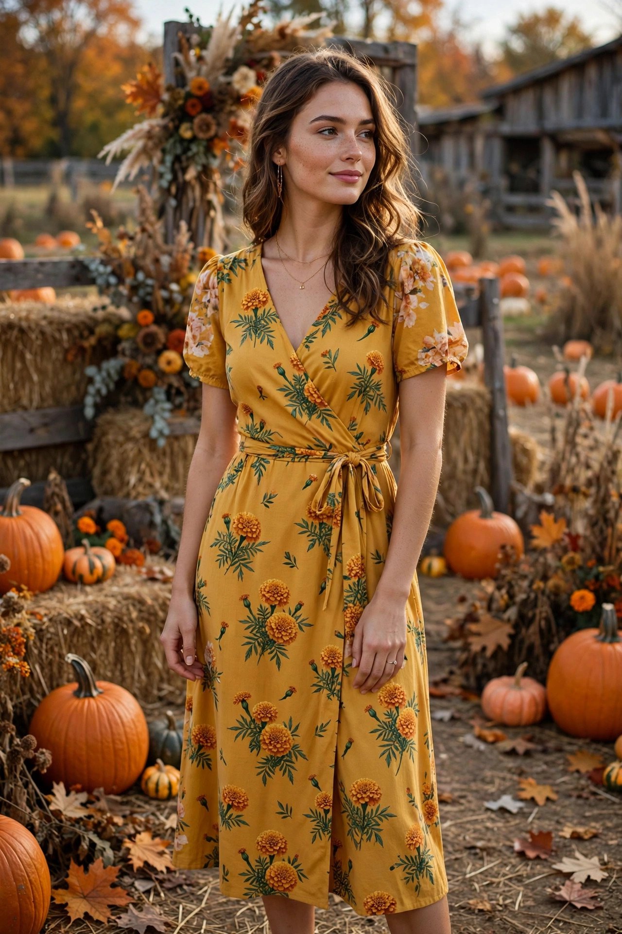 Mustard yellow midi dress with marigold print at a pumpkin patch farm wedding