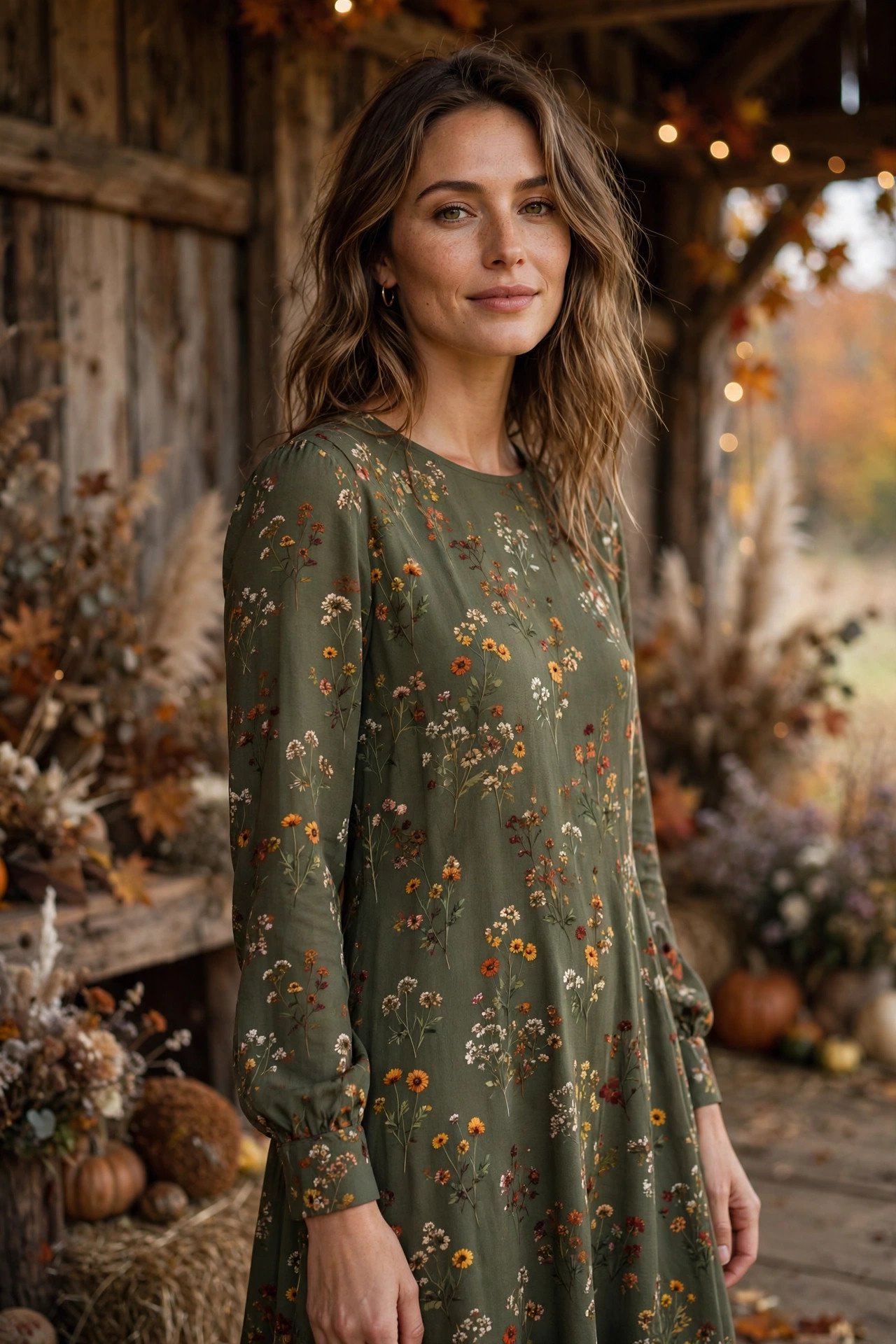 Olive green midi dress with autumn wildflower print at a fall barn wedding