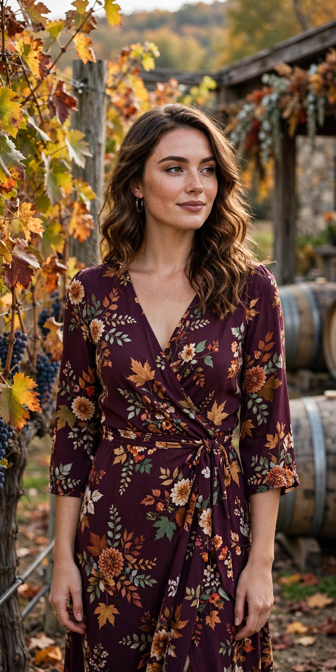 Deep plum wrap dress with autumn floral print at a fall winery wedding