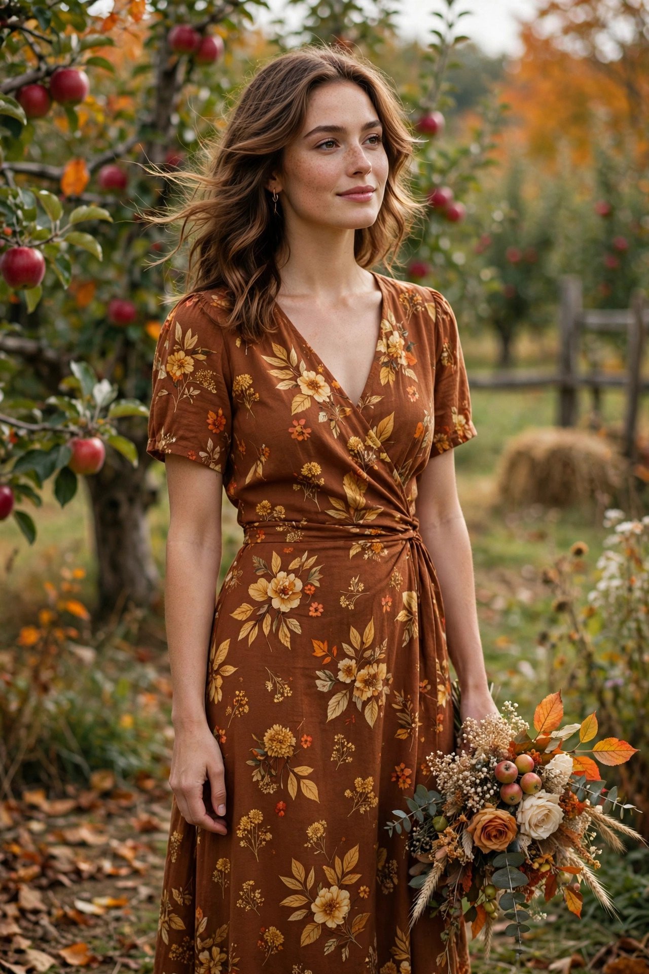 Burnt sienna midi dress with golden autumn floral print at an orchard wedding