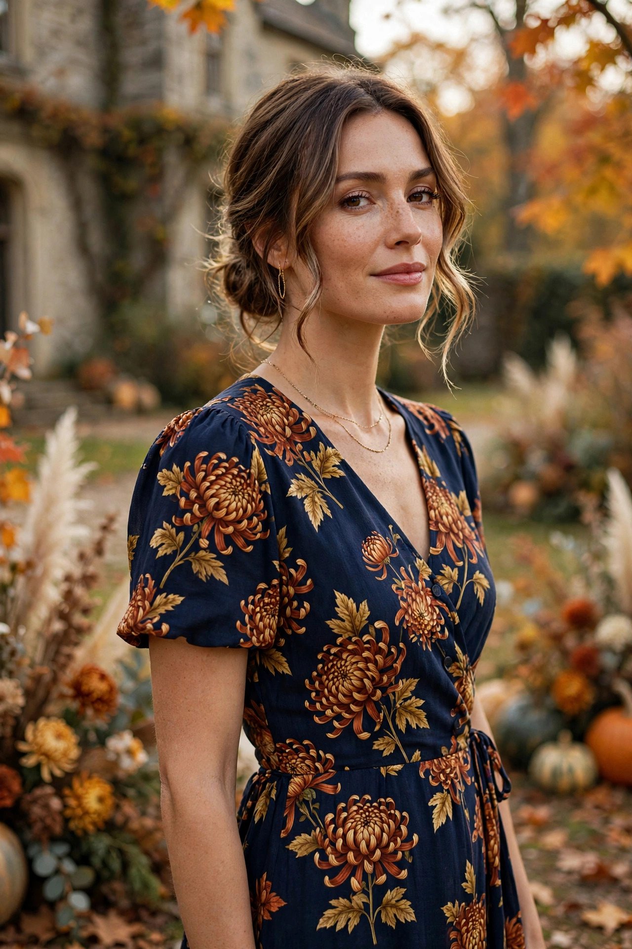 Navy dress with autumn chrysanthemum print at an estate wedding