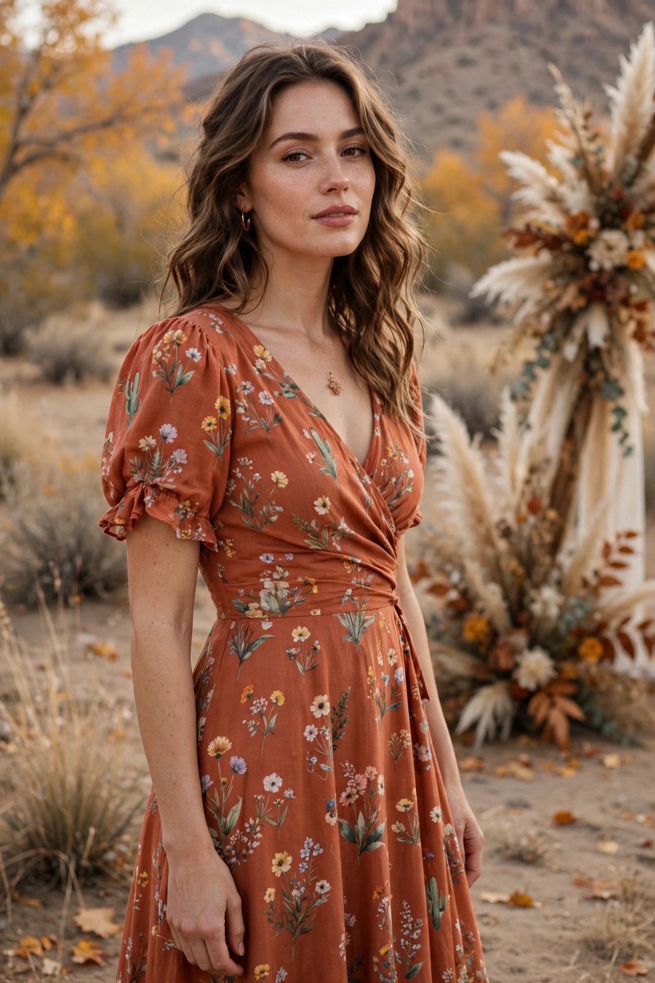Terracotta floral tea dress at a desert fall wedding