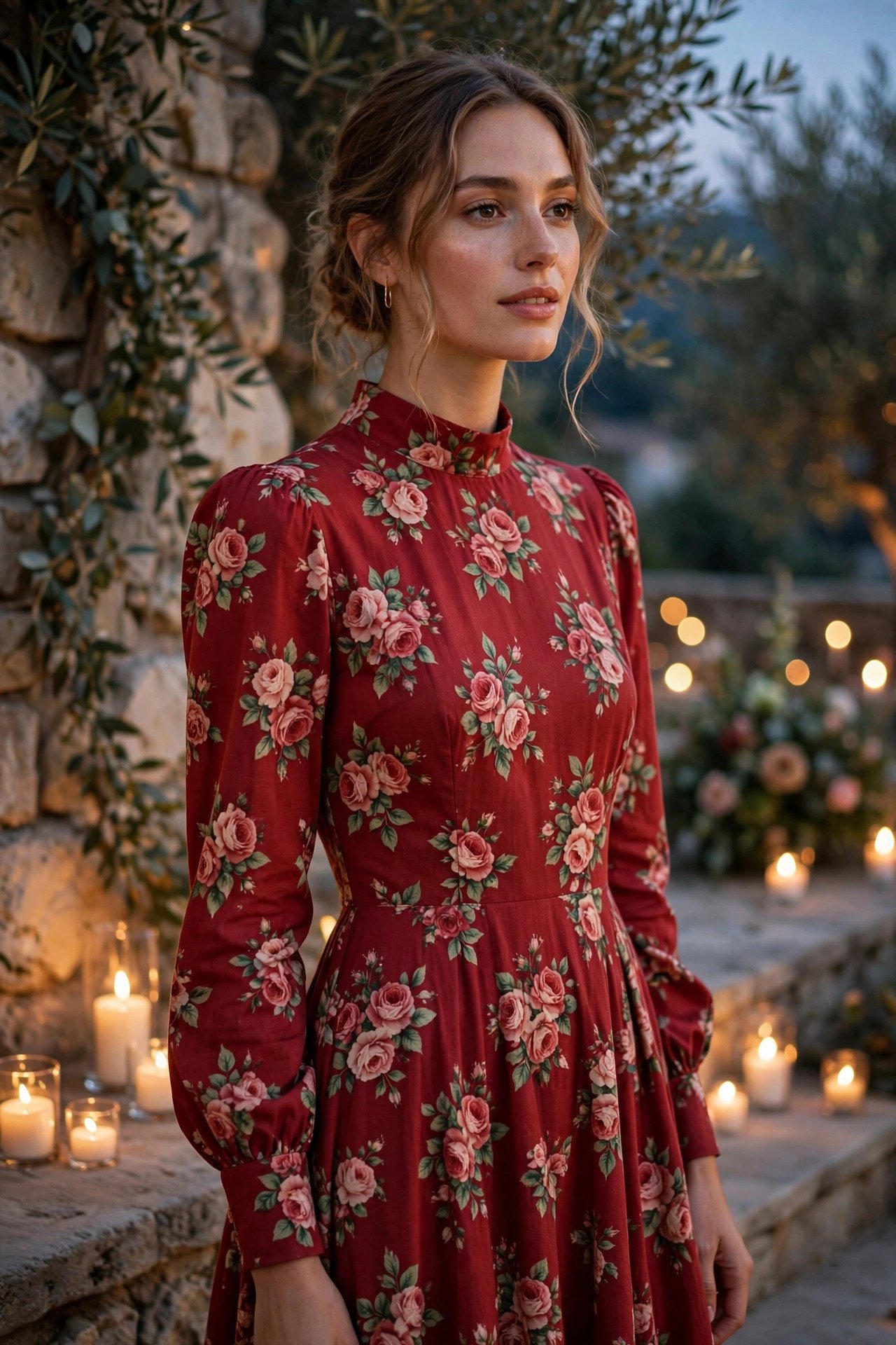Wine-red rose print midi dress at a candlelit terrace wedding