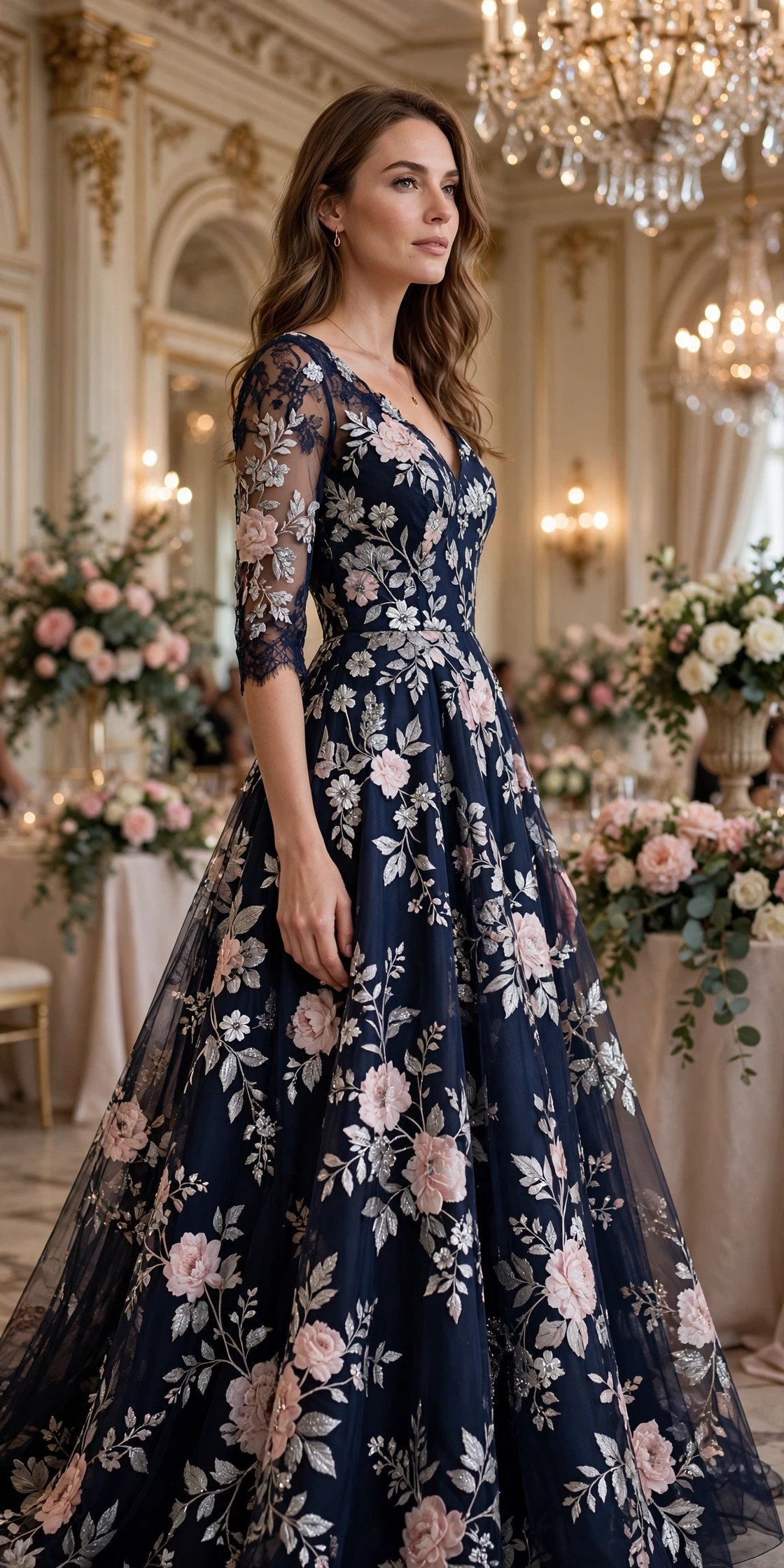 Elegant floor-length navy floral gown at a grand ballroom wedding