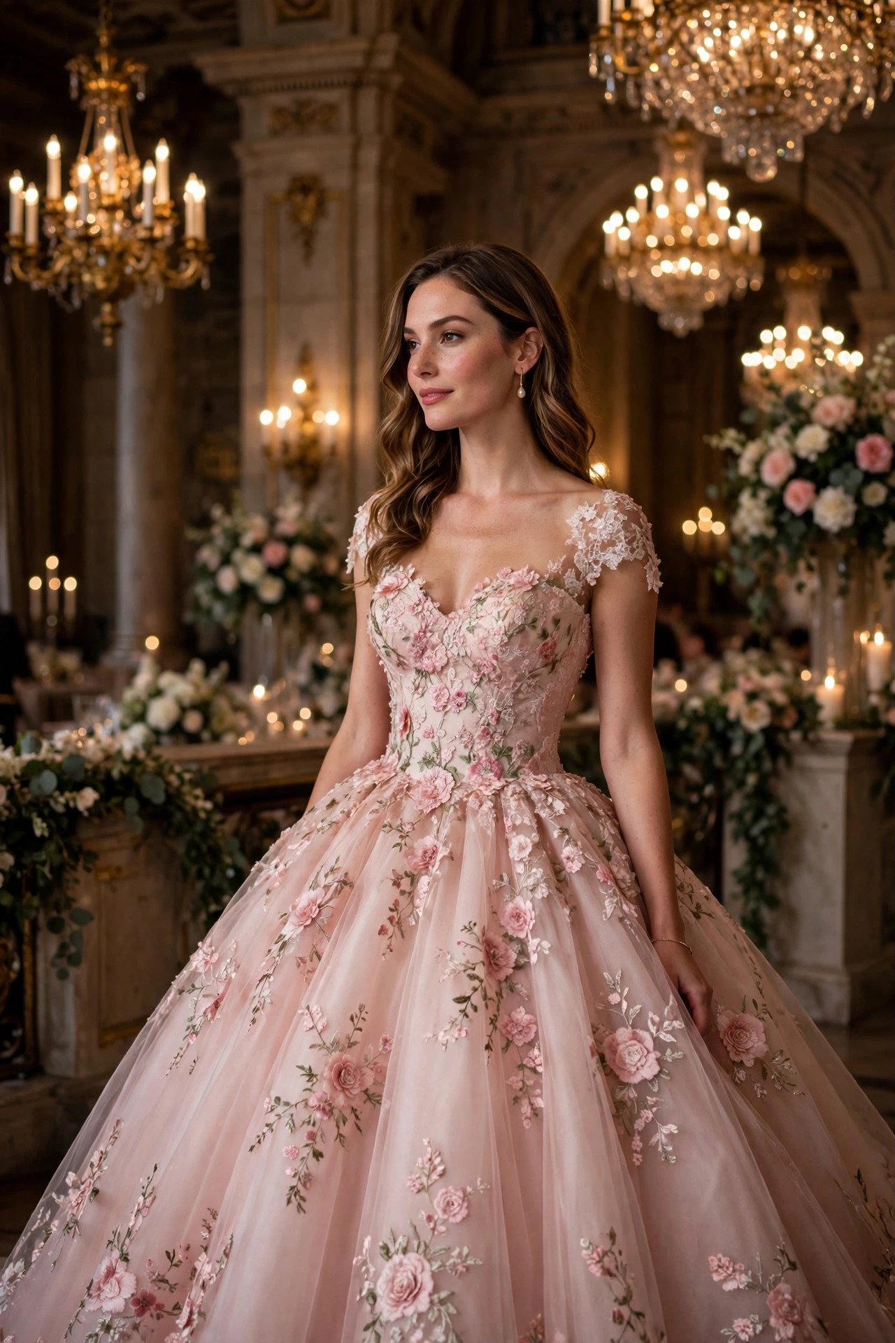 Black-tie blush floral gown at a chandelier-lit hall wedding