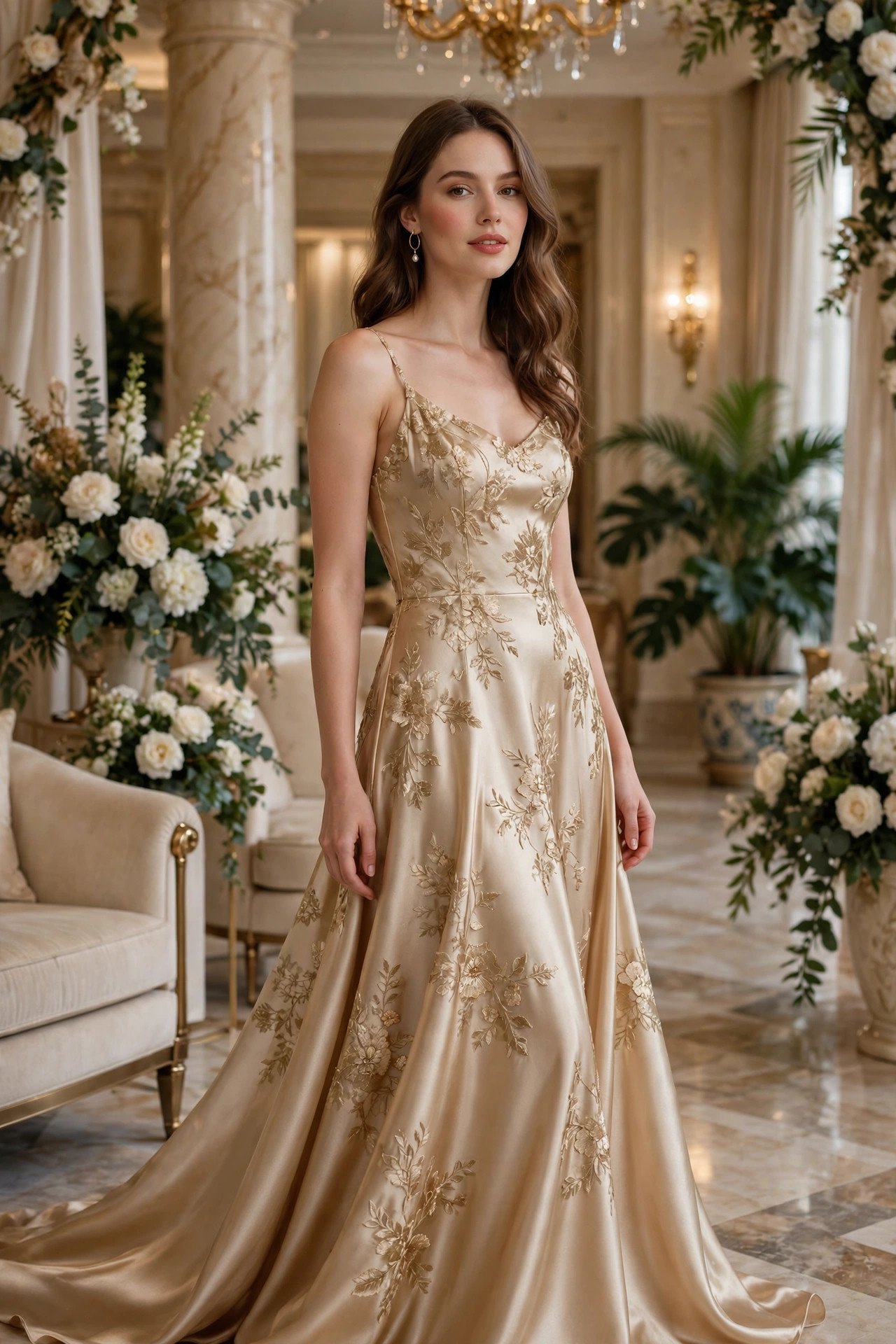 Champagne floral silk gown at a luxury hotel wedding