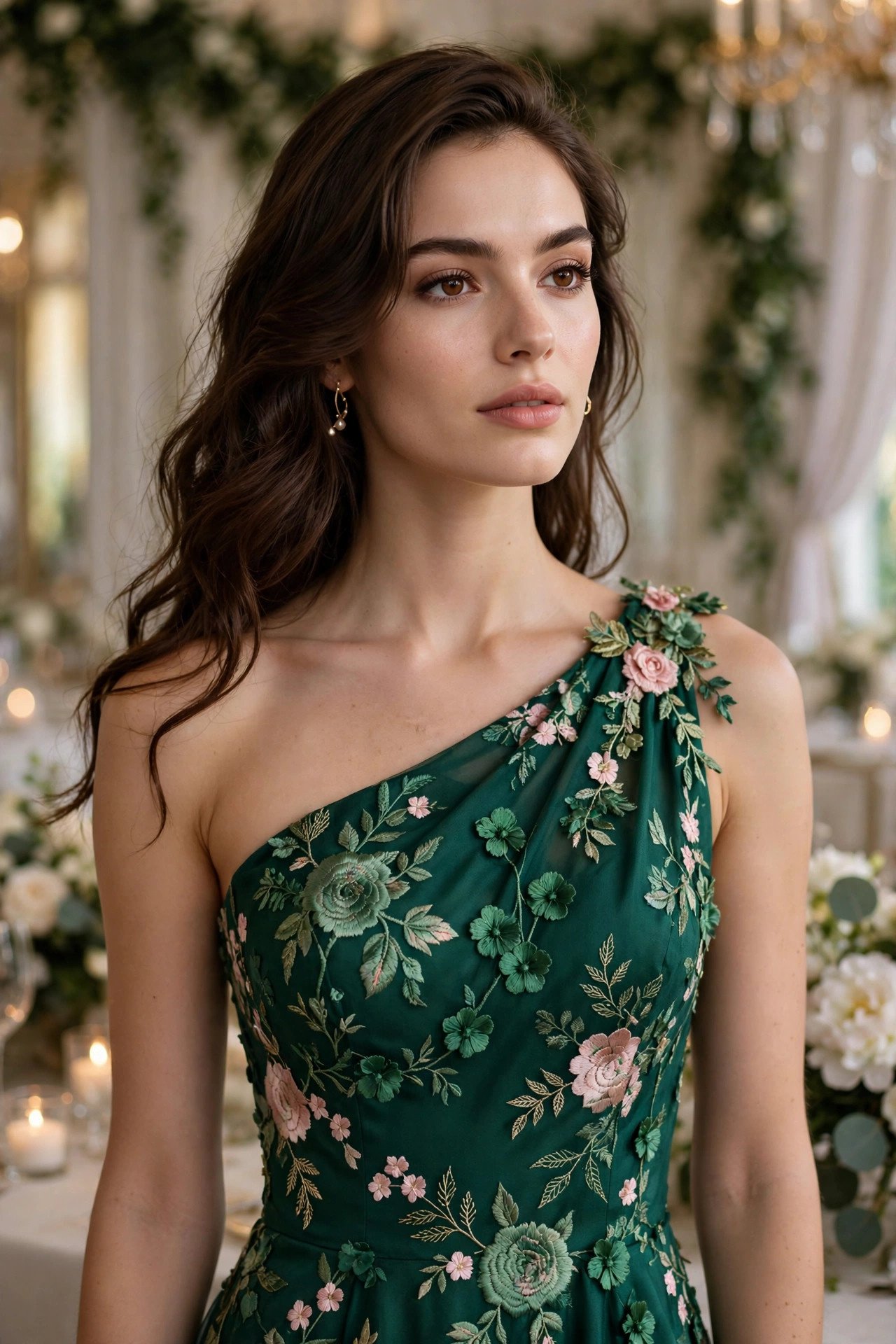 Emerald floral evening gown at a gala wedding