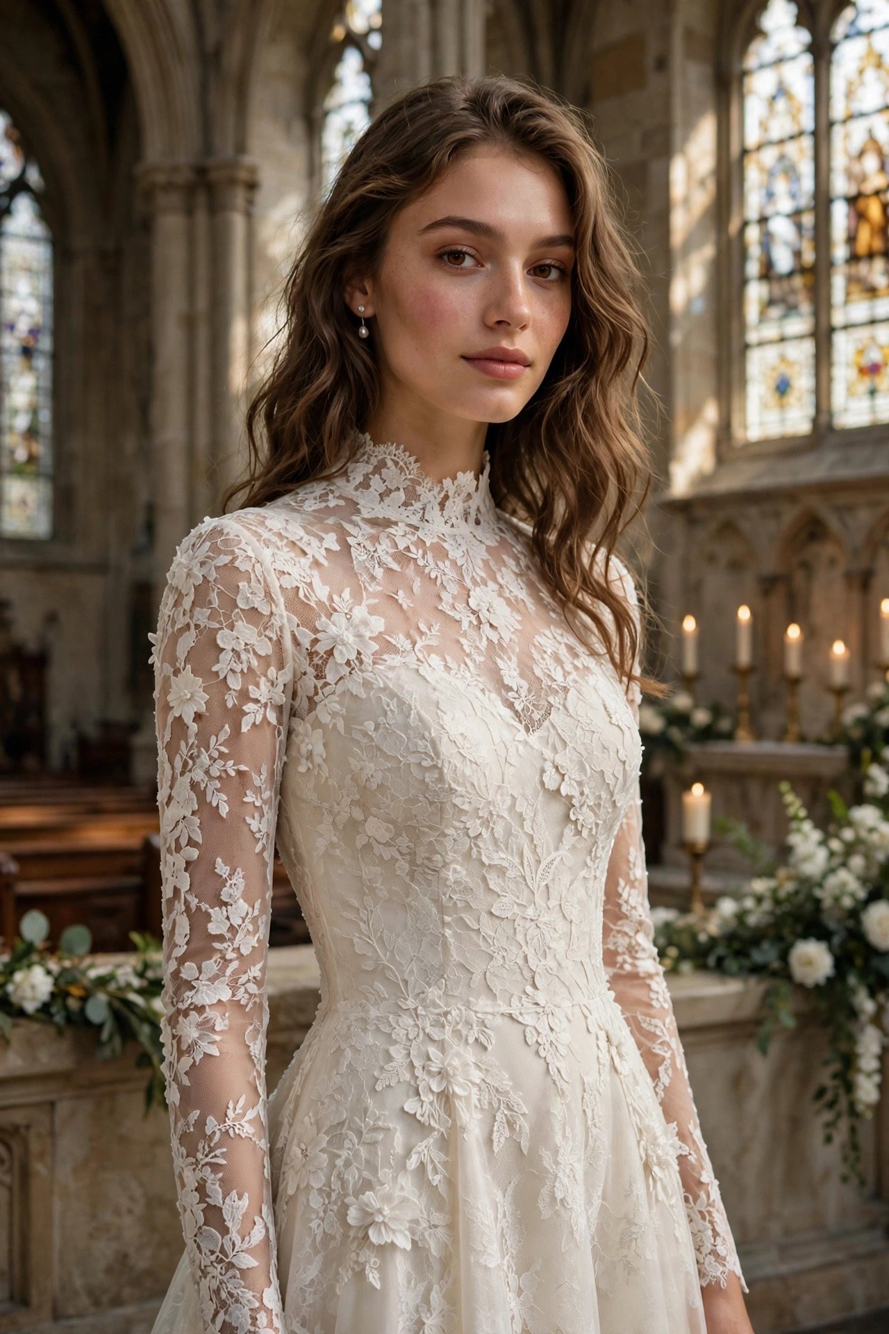 Ivory floral lace formal dress at a cathedral wedding